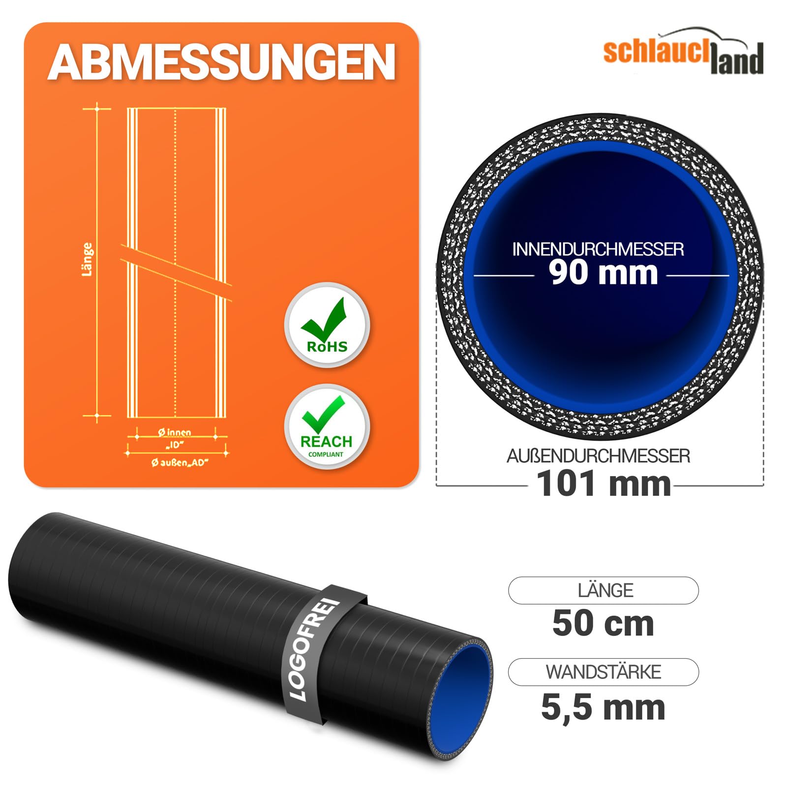 1 Stück | 50cm Silikonschlauch ID-Ø 90mm schwarz 200°C | VIELE GRÖSSEN & FARBEN | Ladeluft-Kühler LLK Kühlmittel Kühlwasser Turbo-Lader Silikon Schlauch Druck-Schlauch Gummi KFZ flexibel | PREMIUM