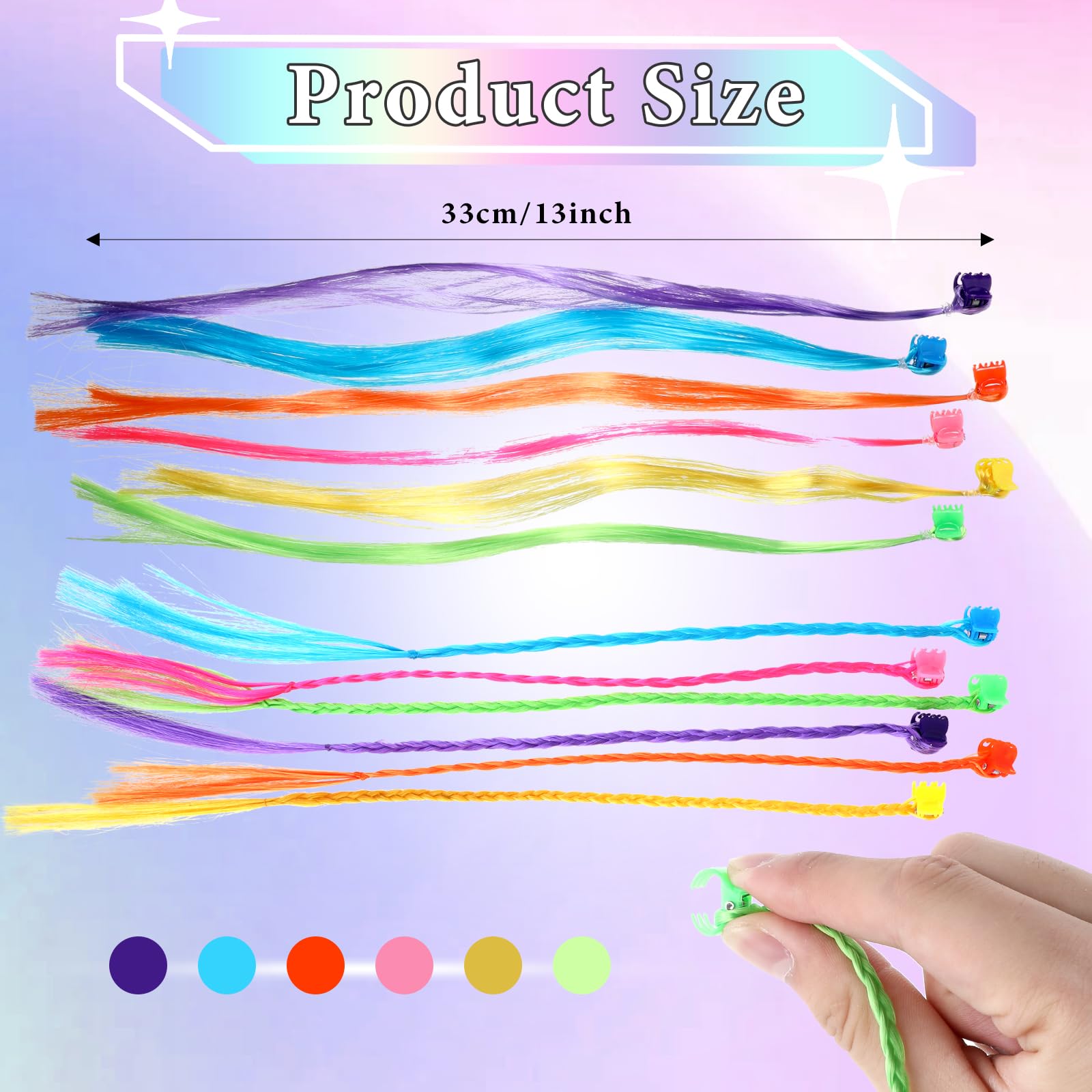 Paquete de 36 extensiones de cabello de colores para niñas, con clip, 13.0 in de longitud, rosa, azul, morado, naranja, verde, amarillo, trenzado y recto 2