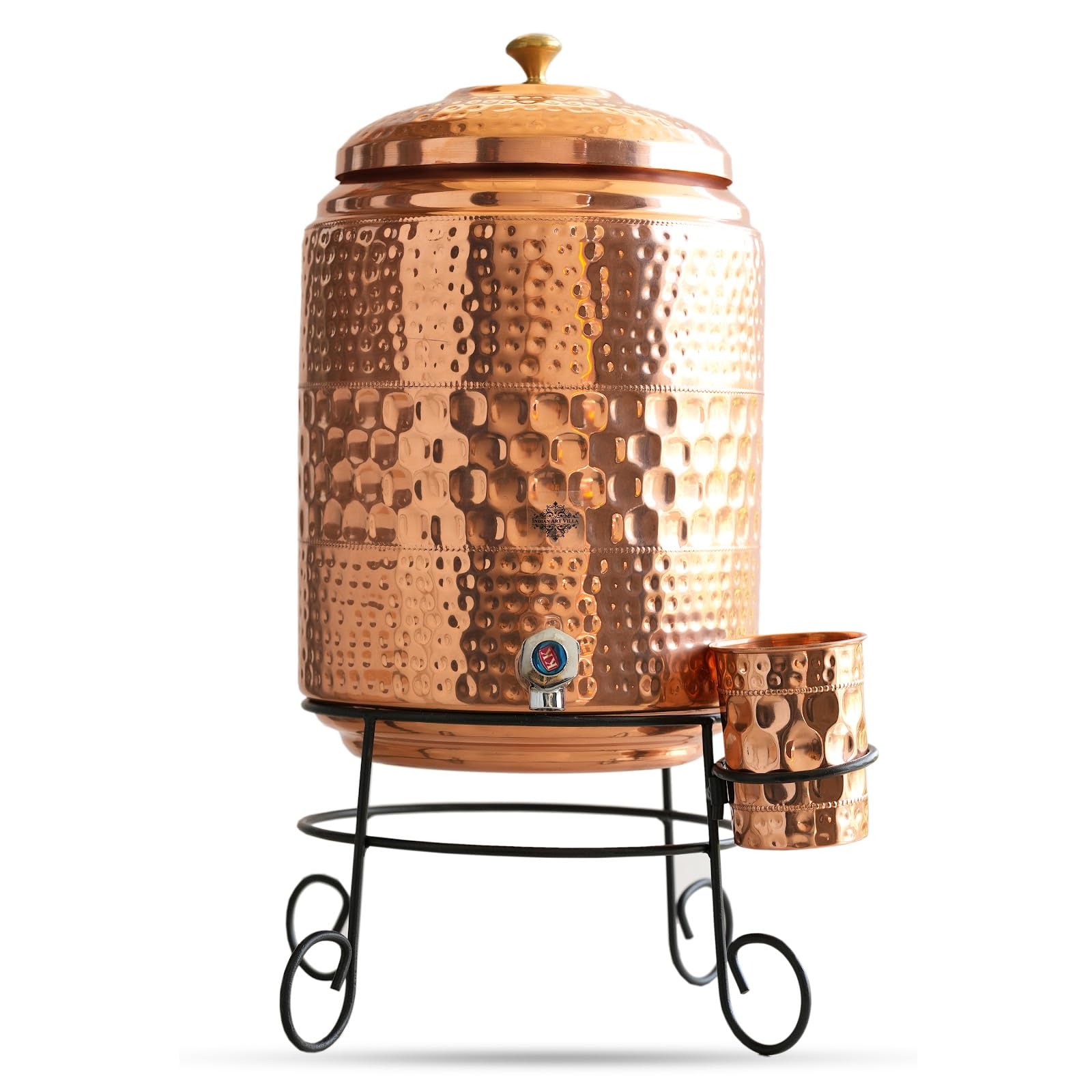 INDIAN ART VILLA Copper Diamond Hammered Water Pot with Brass Tap, Stand & Copper Glass, 10 Litre Water Dispenser for Home, Office, Restaurant, Hotel, Ayurvedic Drinking Water Storage-picture-22