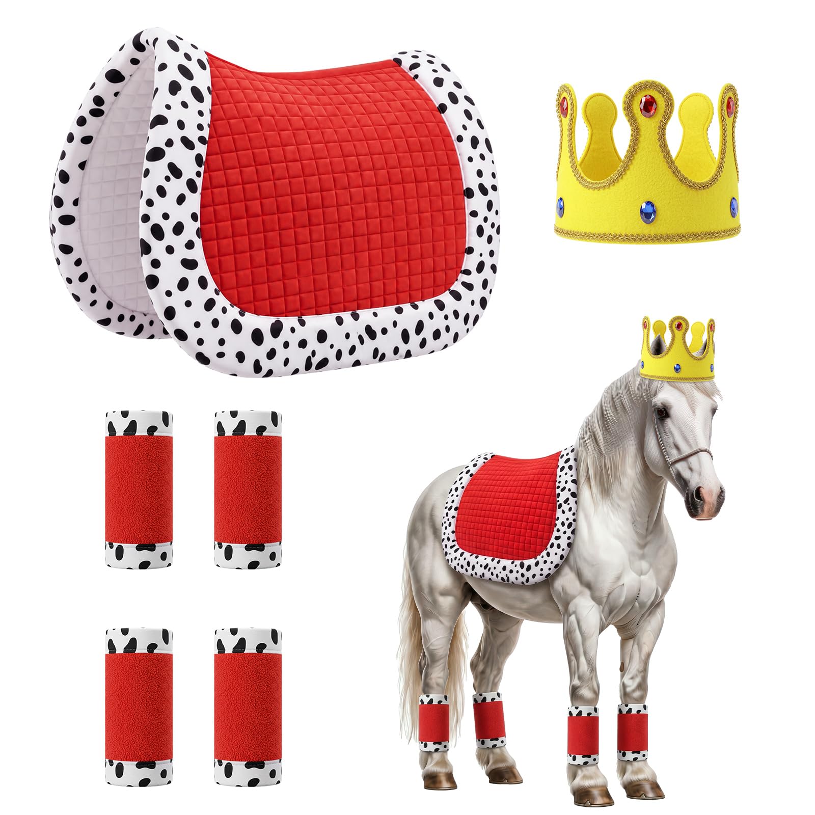 Abbylike 6 Pcs Christmas King Horse Costume Accessory Set, Red Polka Dot Horse Cloak and Crown Outfit, Funny Prince Cape for Xmas Holiday, Pet Costume Contests, Daily Riding and Parade Activities โ image 1