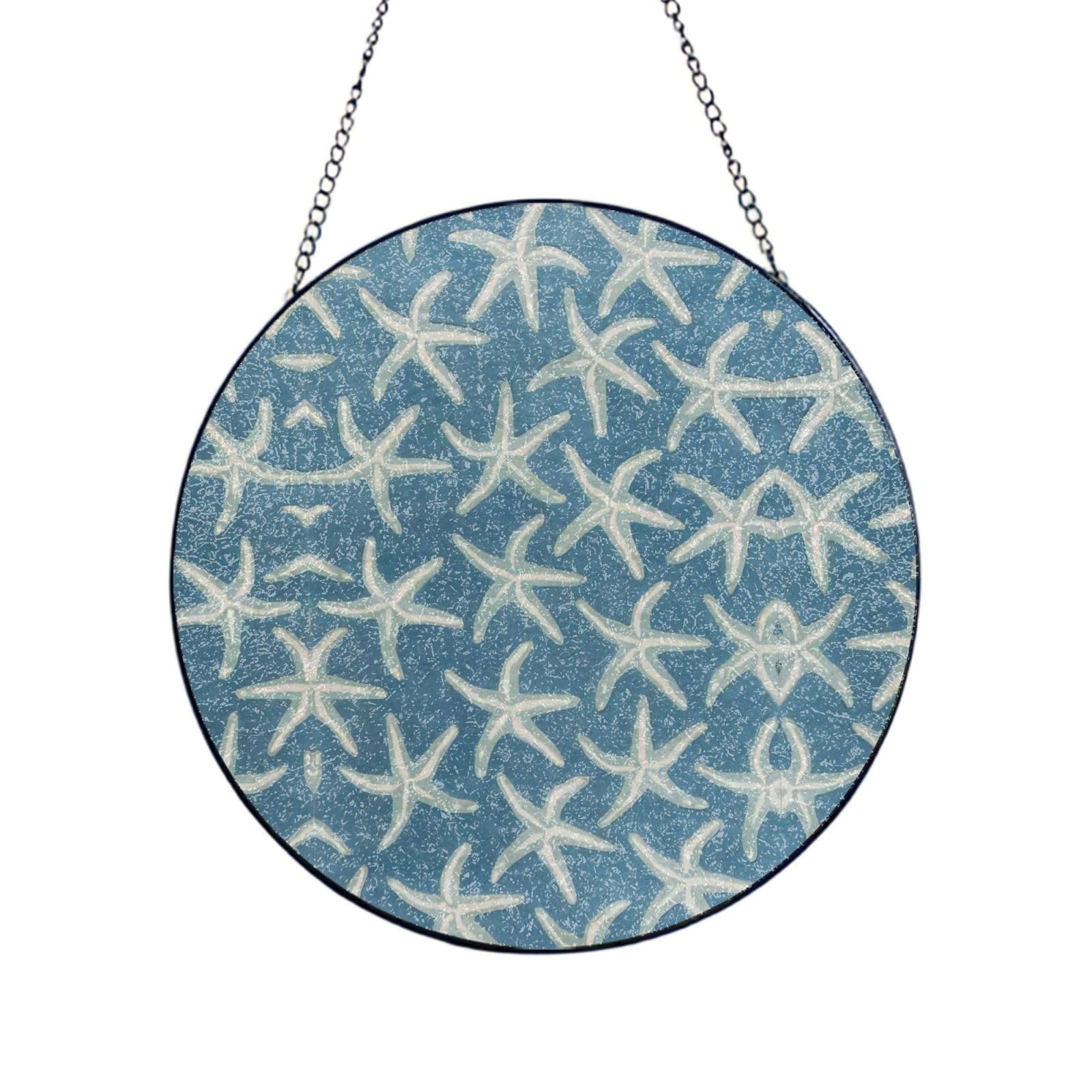 Phayah Starfish Coastal Wool Print Glass Window Hanging Round Suncatcher Glass Ornament Garden Wall Fence Decorations Indoor Outdoor 10in（25cm）