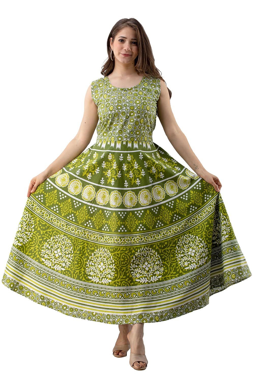 monique Women’s Fit and Flare Cotton Ethnic Jaipuri Mandala Print Maternity Long Gown Middi Dress (Free Size__Upto 44XL PATI-MH13) Green-picture-17