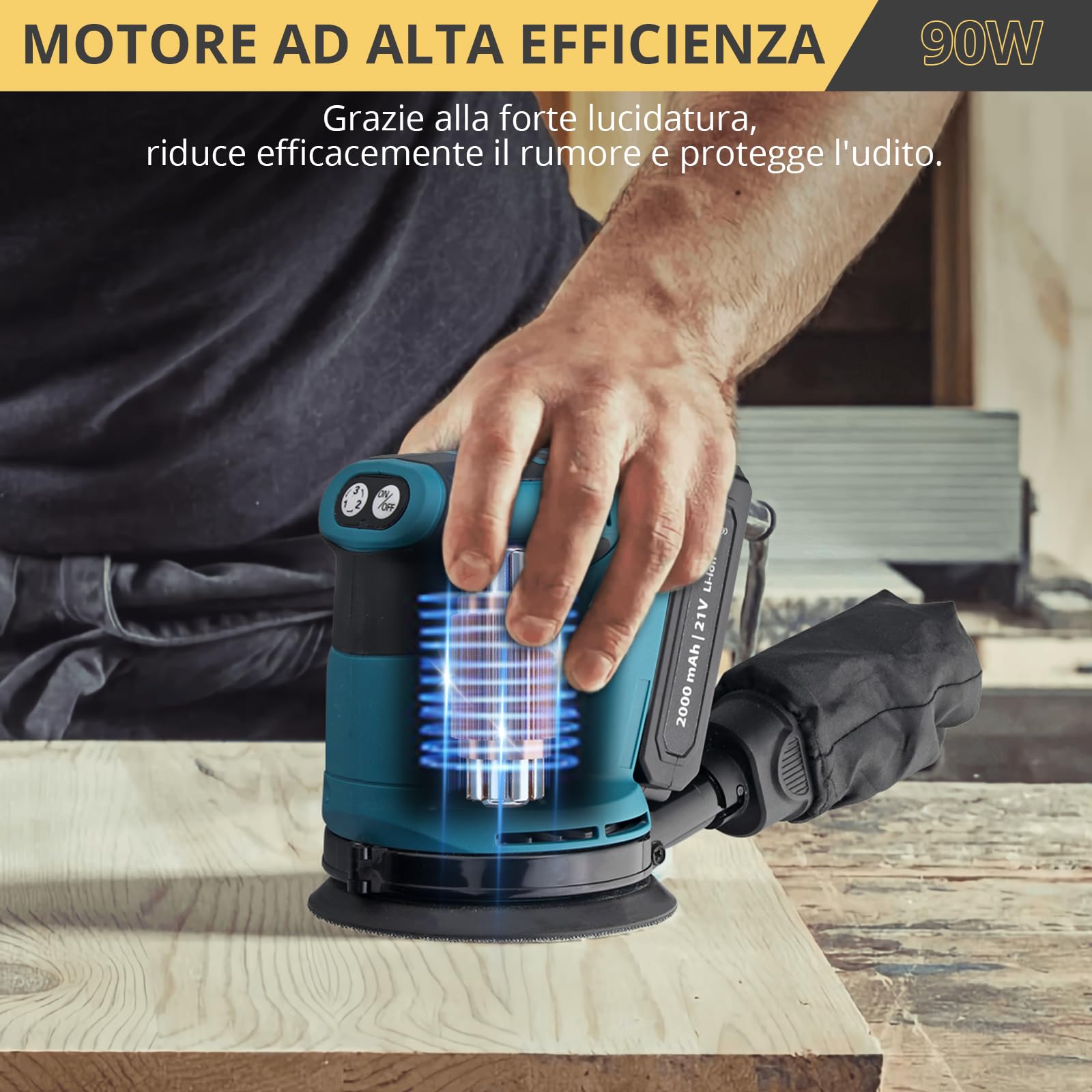 AMTOVL Levigatrice Rotanda Orbitale 3 Livelli Regolabile Levigatrice Professionale per Levigare Cerare Lucidare Legno Metallo Vernice Con 5PZ 125mm Dischi Abrasivi Orbit sander Batteria NON Inclusa