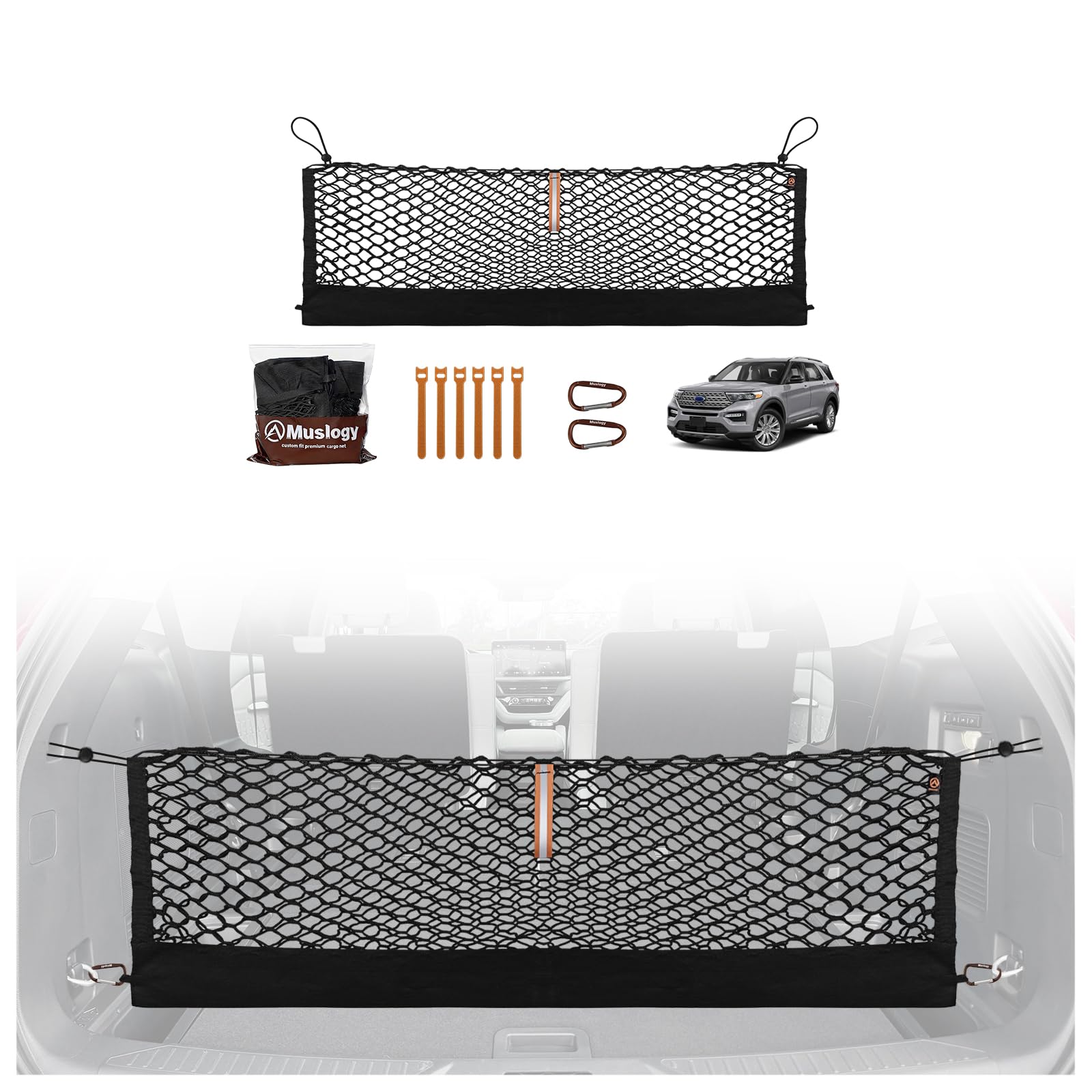 Truck Bed Cargo Net Trunk Netting Compatible with 2020-2024 2025 2026 Ford Explorer Accessories, Pickup Cargo Organizer SUV Sedan Storage Net w/Heavy Duty Carabiners