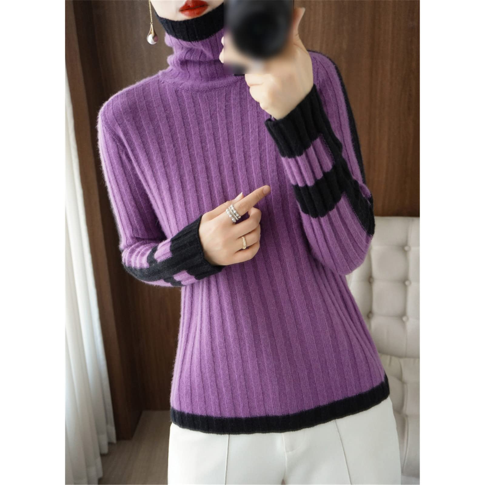 Kelsiop Maglione di cachemire Dolcevita da donna Color-Blocking 100% Lana Pullover Moda Caldo Maglia Bottoming Shirt
