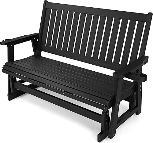 Miniatura 11 de Silla de columpio HIPS para patio, con portavasos, material de madera de polietileno duradero, resistente a todo tipo de clima, respaldo alto y