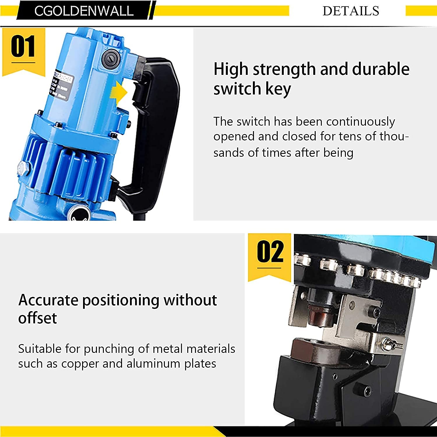 Close-up details of the hydraulic puncher, showing the high strength switch key and the accurate positioning mechanism.