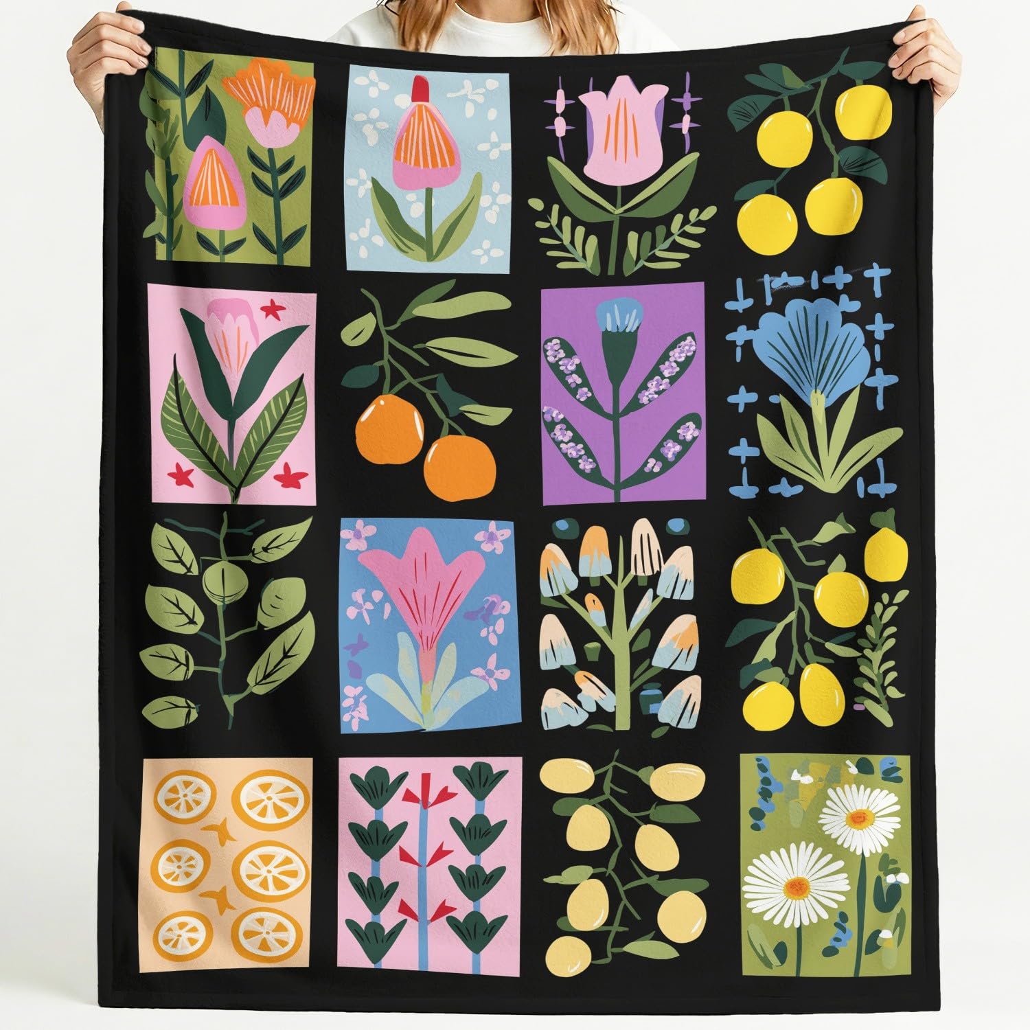 Kuscheldecke Flauschig 150 cm x 200 cm - Wohn Kuscheldecken Modern Folk Fleecedecke Weich und Warme, Botanisches Kollage Karomuster Schwarz Blumen Farbe Wohndecke Flanell Fluffy Blanket