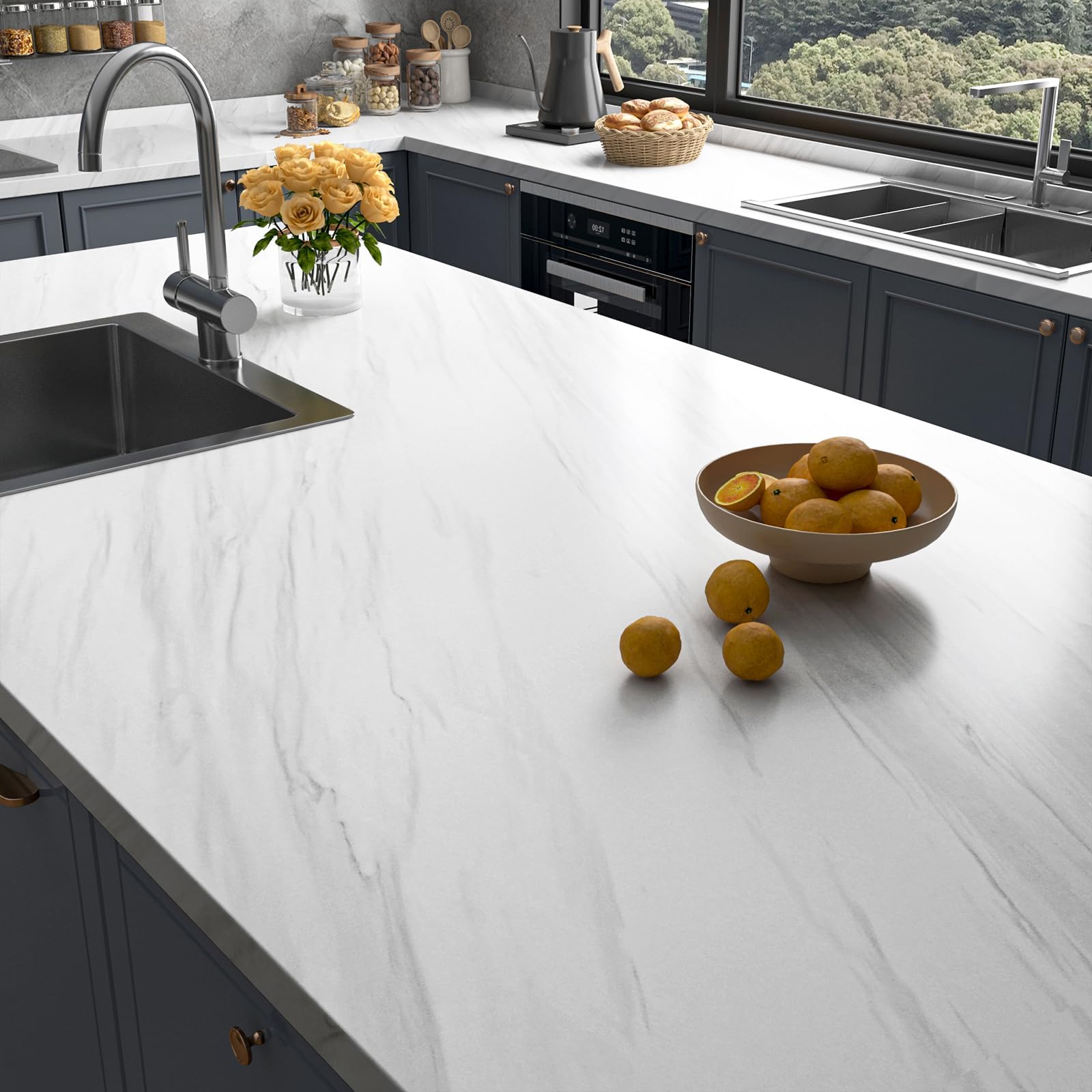 Stickyart Vinilo Adhesivo Muebles Blanco Marmol 90x400 cm Vinilos Para Encimeras de Cocina Revestimiento Autoadhesivo para Escritorio Cocina Encimera Armario Estantería Pegatina Impermeable