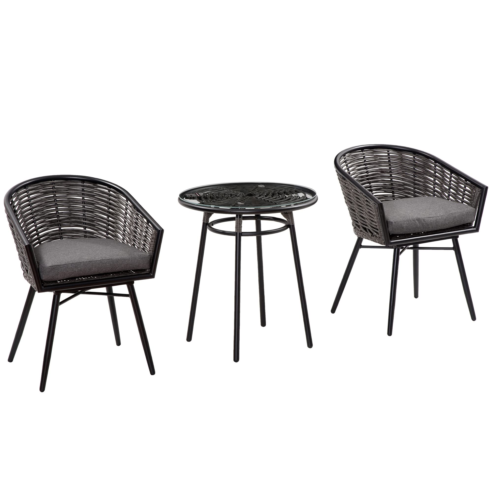 Outsunny Wicker Bistro Set With Glass Tabletop 2-Seater Grey