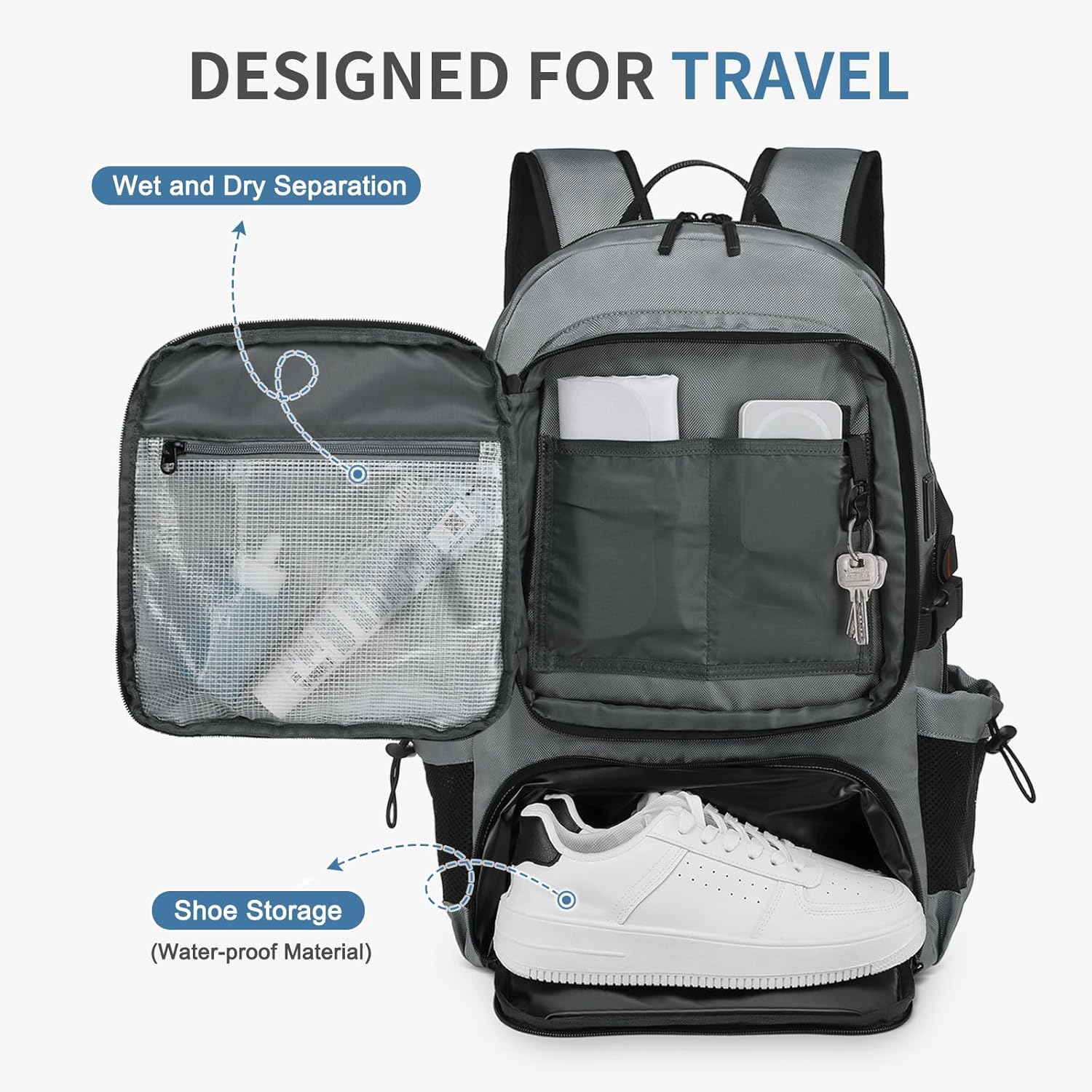 Travel Backpack for Men, 35L TSA Approved Large Laptop Backpack Fits 18.4 Inch, Water-Repellent W/Shoe Compartment & Wet Pocket Anti-theft Pocket, Grey