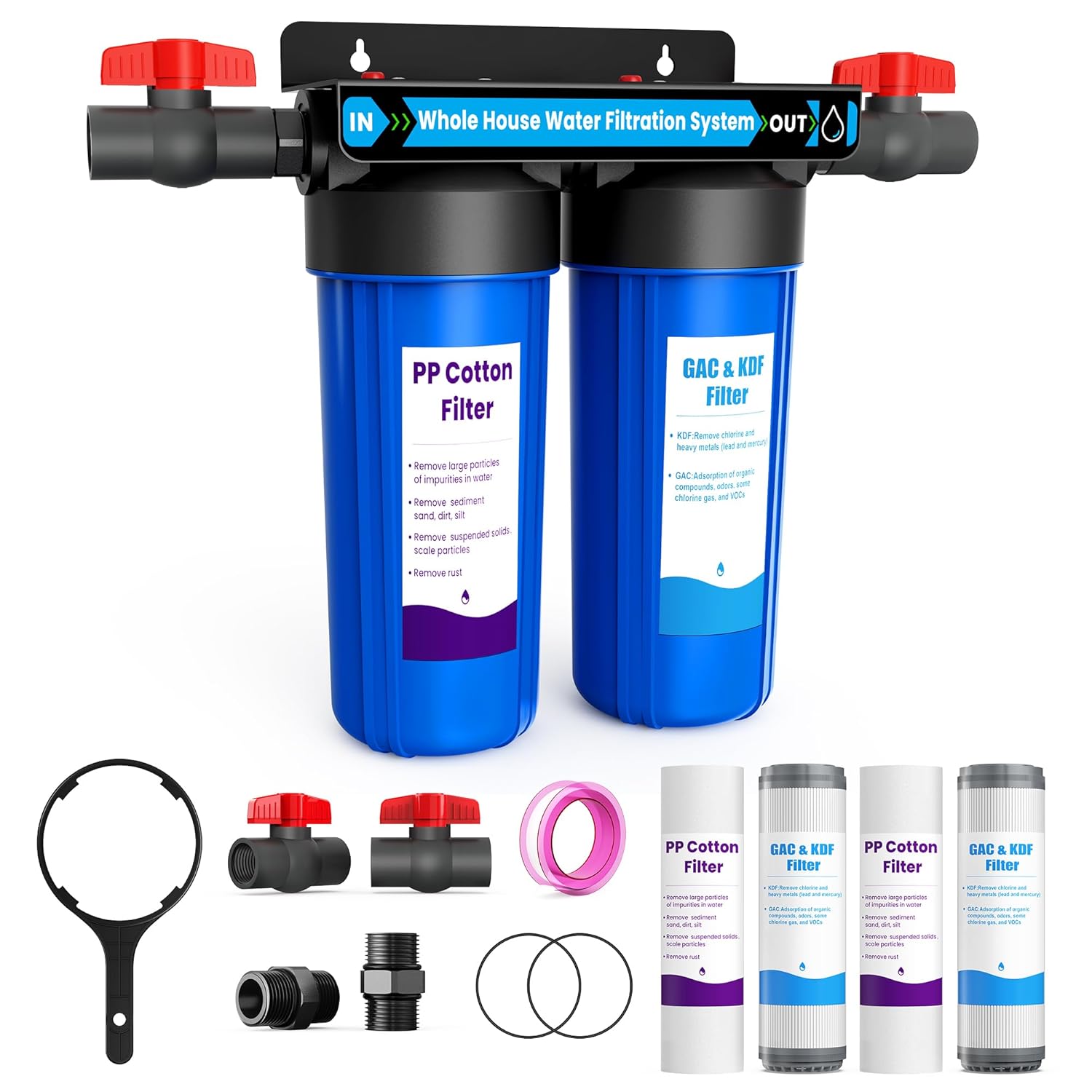 Whole House Water Filter System, 2-Stage Home Water Filtration with GAC & KDF, 3/4" Ports & 2 Valves, Reduces Chlorine Odor, Heavy Metals & Taste, Includes Extra 2 Replacement Filter Sets for Home Use