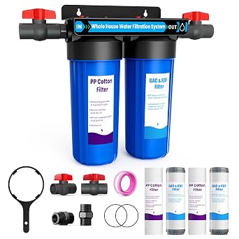 Whole House Water Filter System, 2-Stage Home Water Filtration with GAC & KDF, 3/4" Ports & 2 Valves, Reduces Chlorine Odor, Heavy Metals & Taste, Includes Extra 2 Replacement Filter Sets for Home Use