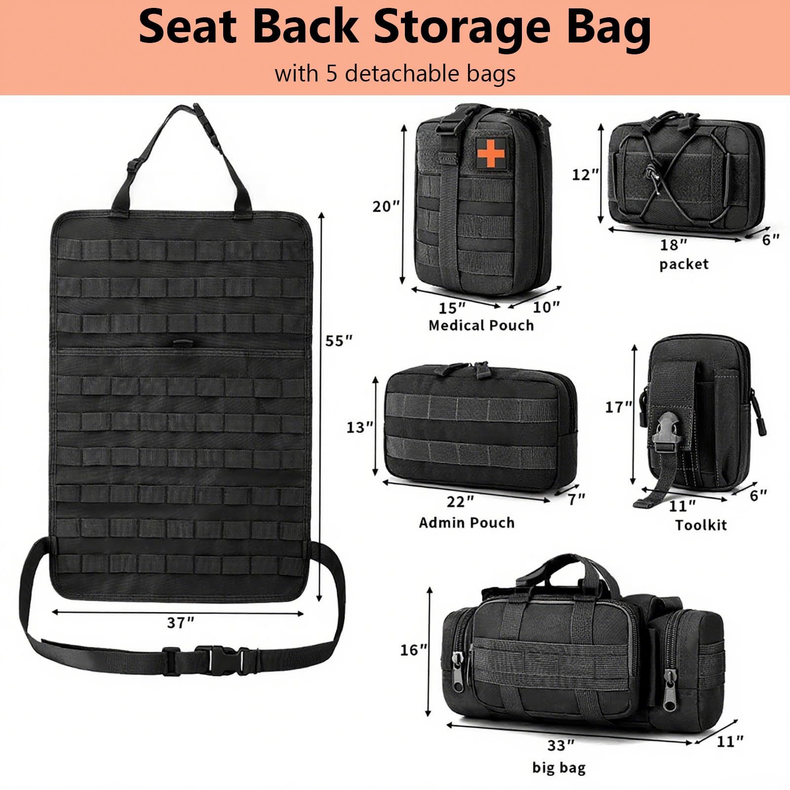 Organizador táctico para asiento trasero de coche, panel táctico multifuncional para vehículo, con 5 bolsas de almacenamiento desmontables, bolsa colgante de almacenamiento para respaldo de