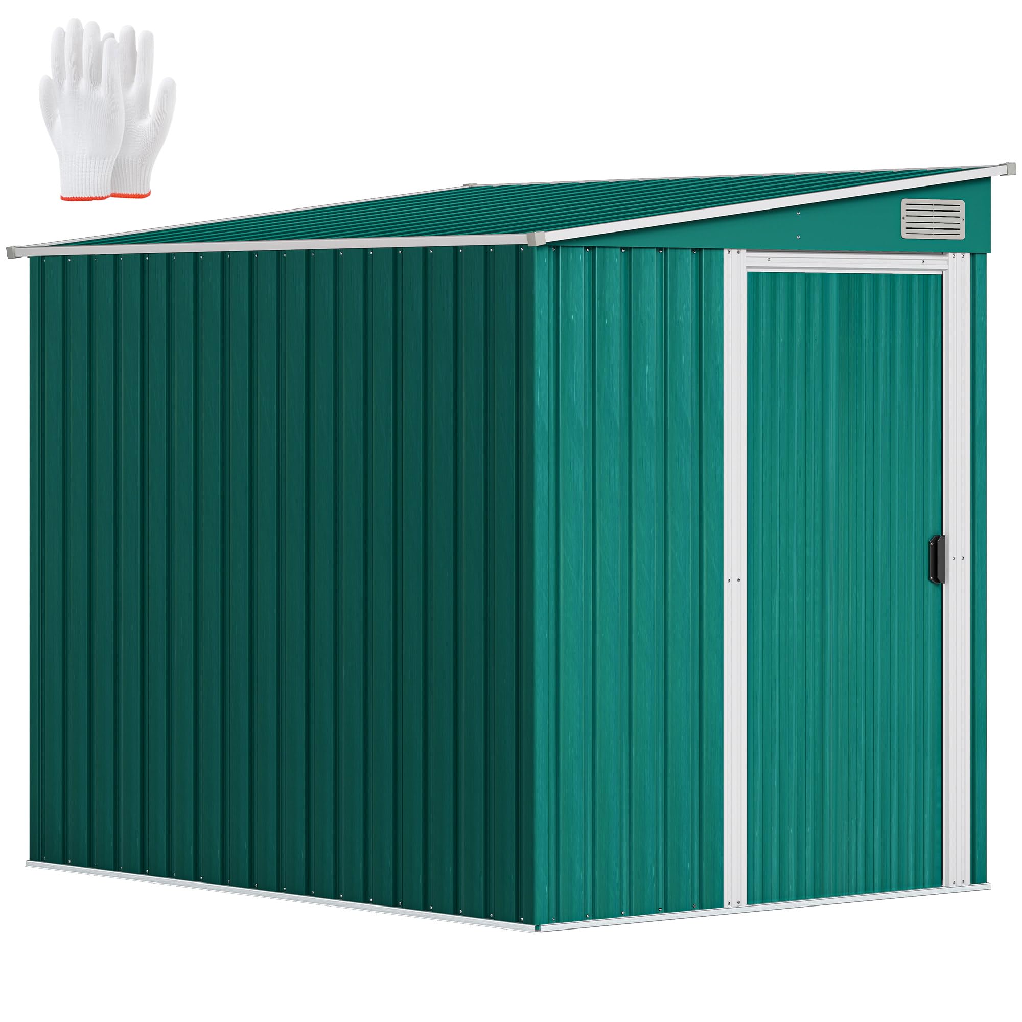 Outsunny 7 x 5FT Metal Garden Shed with Foundation Kit, 2 Adjustable Shelves and Hooks, Waterproof Galvanised Steel Lean to Shed with Sliding Doors, 2 Vents and Pent Roof, Green