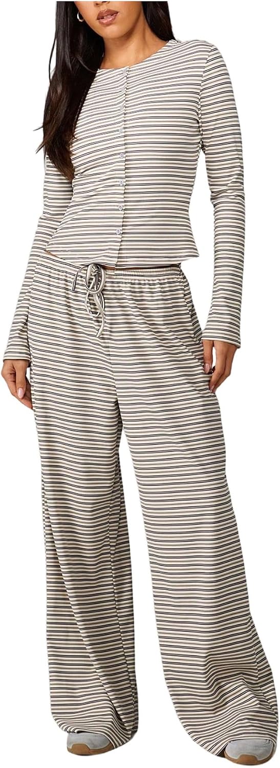 WDIRARA Women's Striped 2 Piece Pants Outfits Long Sleeve Button Down Knit Top Set Leisure Fall Casual