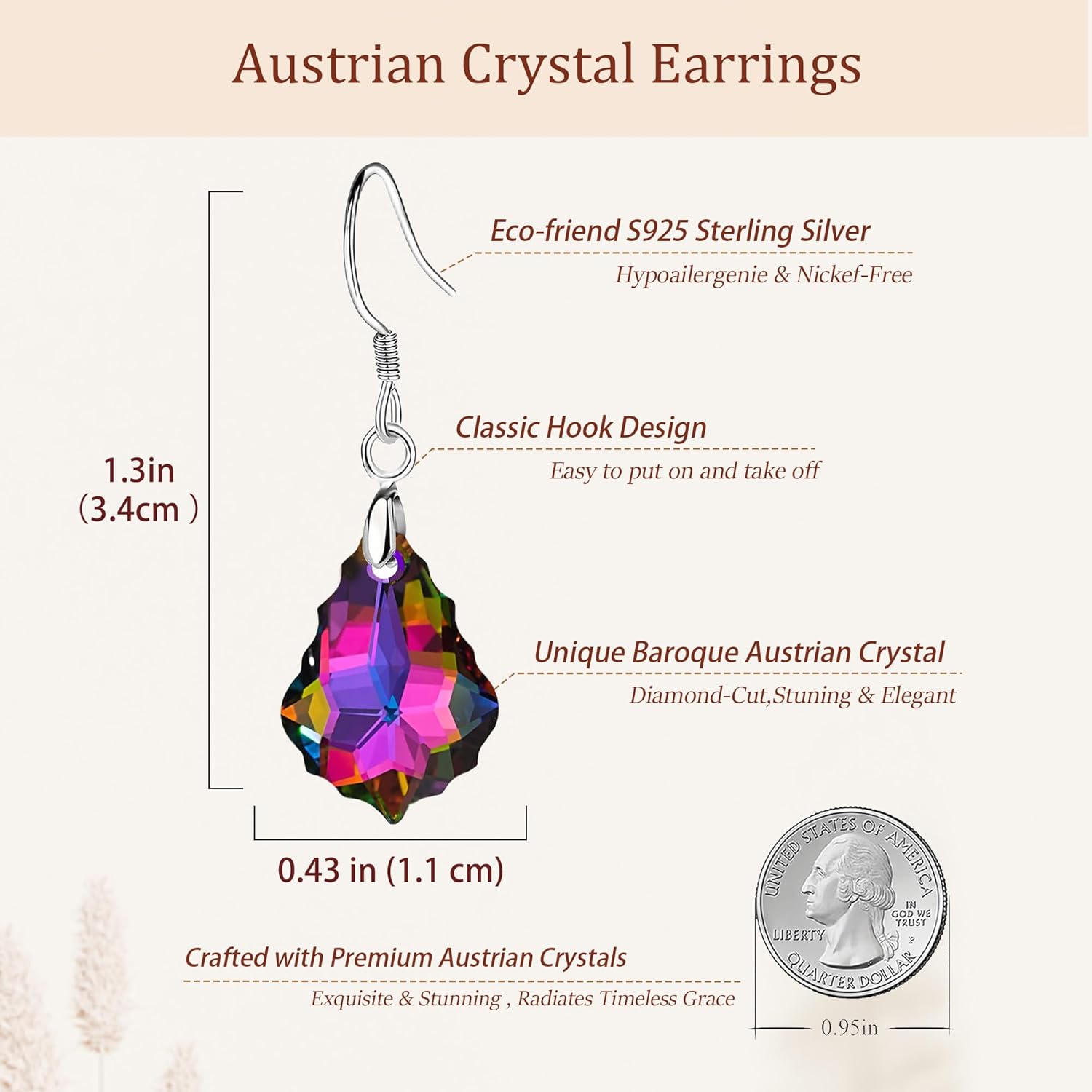 Austrian Crystal Baroque Drop Dangle Earrings for Women 925 Sterling Silver Hook Hypoallergenic Jewelry - Image 4