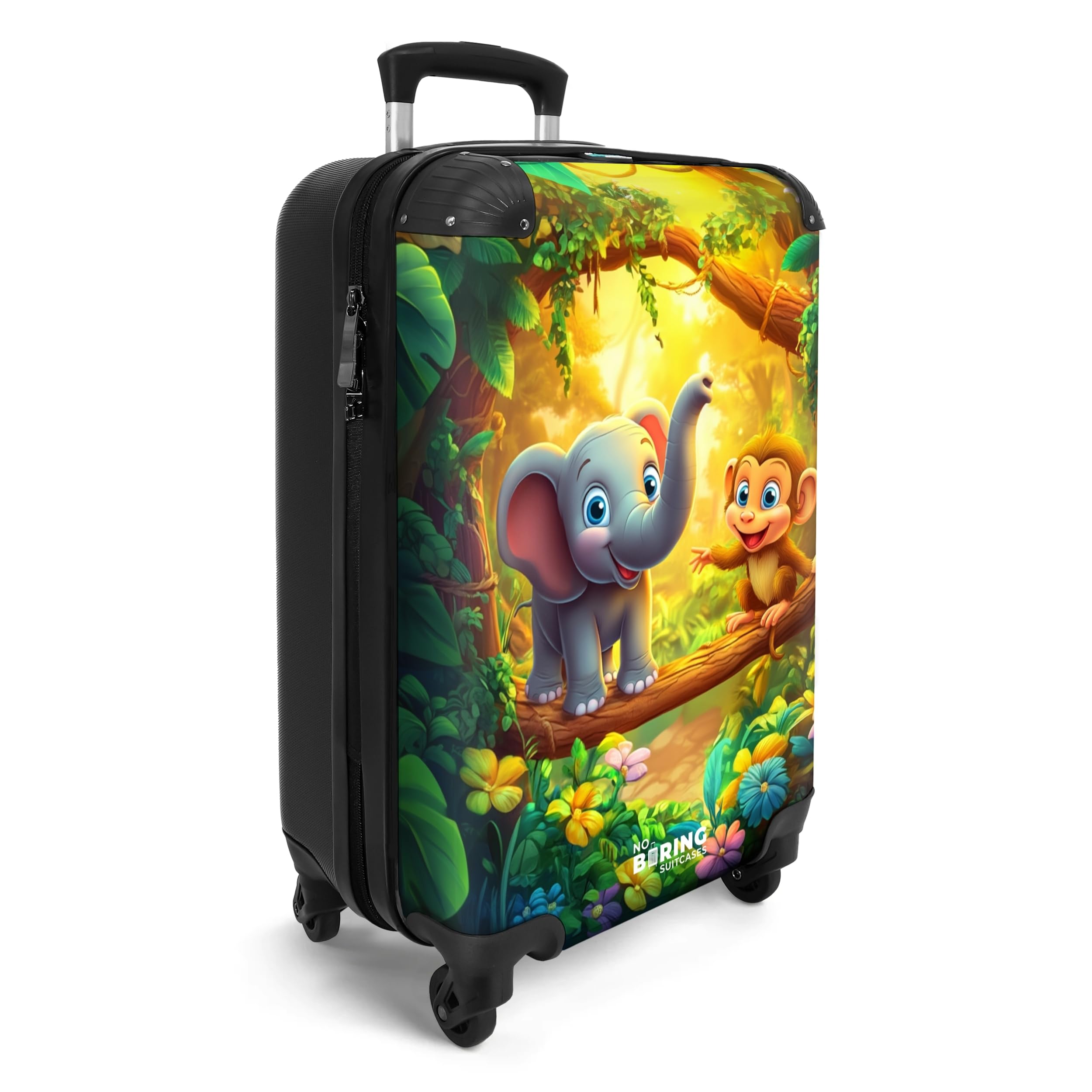 NoBoringSuitcases.com® Handgepäck Koffer Kinder 55x35x20 cm Reisekoffer Kinderkoffer 4 Rollen Leicht Cabin Kindertrolley Reise Hartschalenkoffer Elefant - AFFE - Dschungel - Bunte