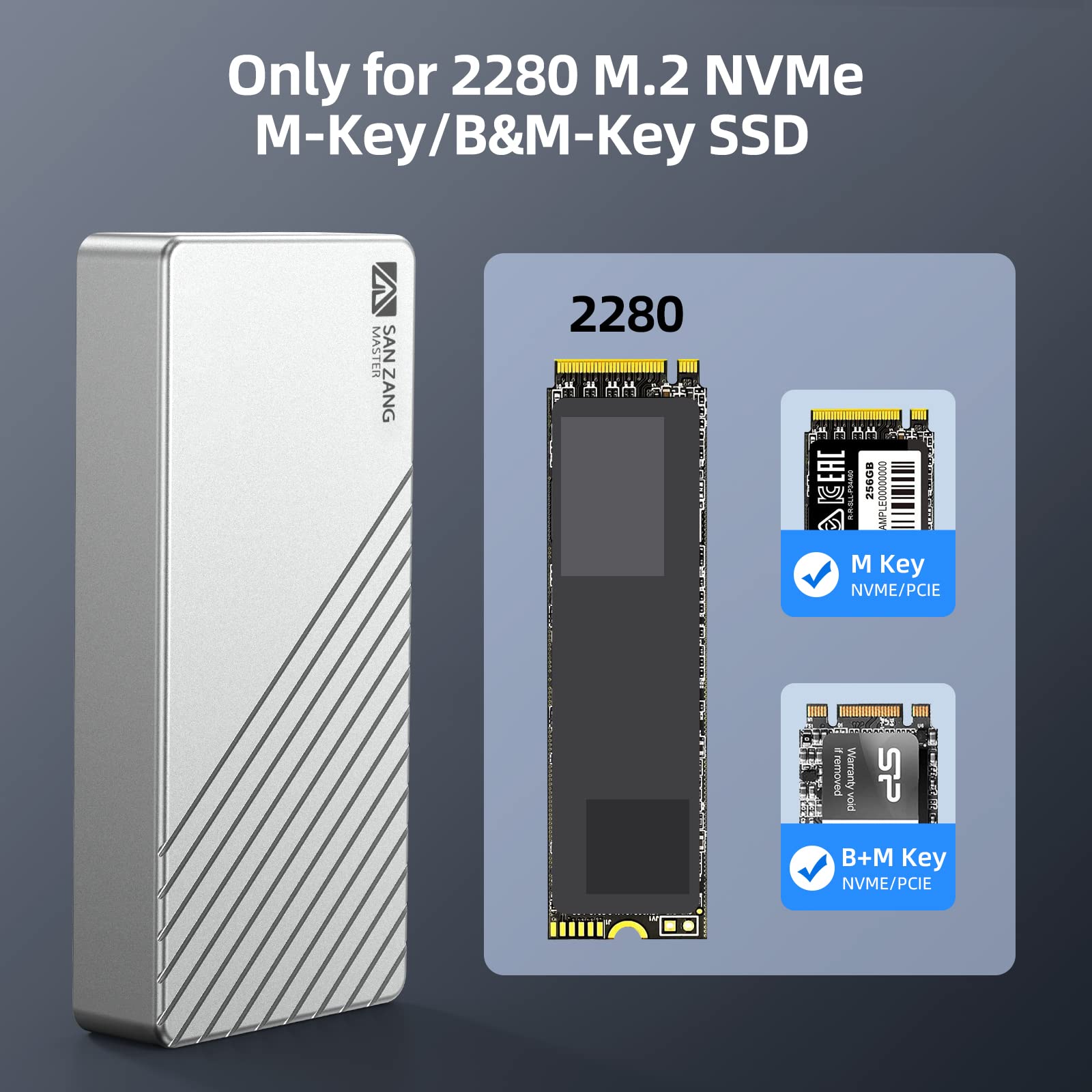 Thunderbolt 3 (40 Gbps) M.2 NVMe SSD obudowa kompatybilna z Thunderbolt 3/4 USB 4/3.2/3.1/3.0 Typ-C, SANZANG 40 Gbps M.2 SSD obudowa do 2280 M-Key (B+M Key) NVMe SSD, do 2700 MB/s, srebrna