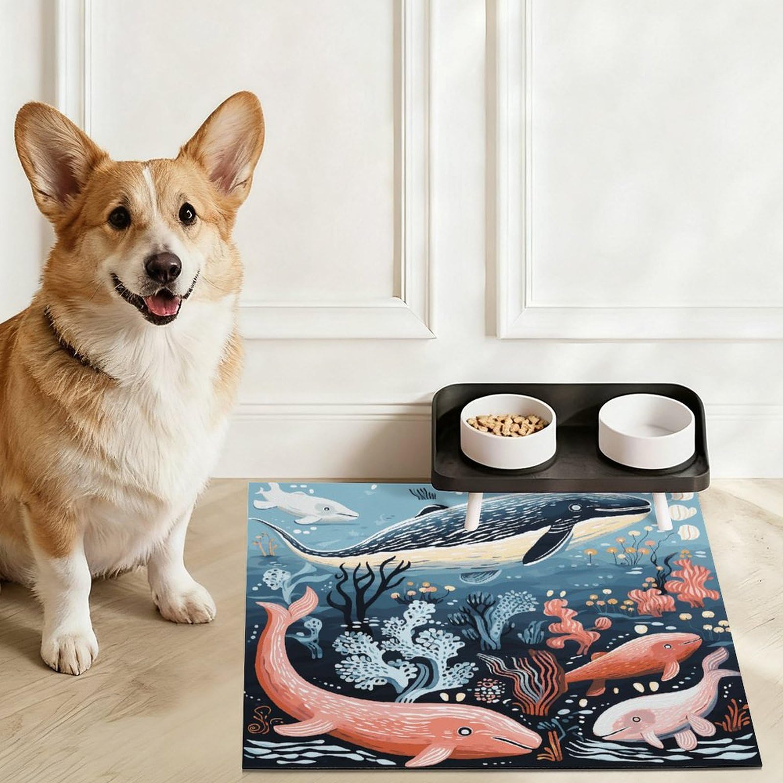 Tapis de nourriture pour chat et animal de compagnie avec baleine, poulpe, poisson, antidérapant, facile à nettoyer pour la nourriture et l'eau, tapis de gamelle pour chien et chat, 61 x 81,3 cm