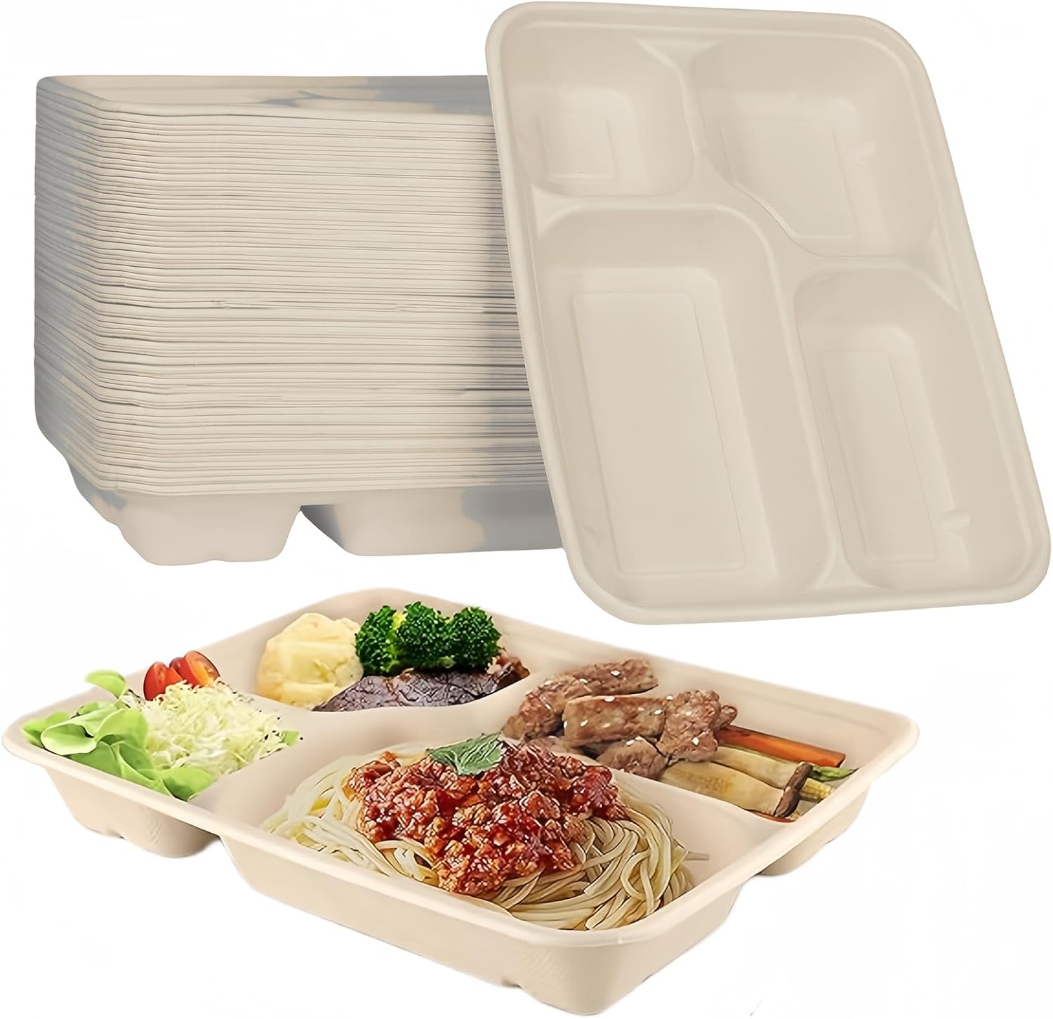 50 Pack Compartment Paper Plates, Natural Sugarcane School Lunch Tray, Heavy Duty 4 Divided Sectional Plate, Microwave Freezer Safe for Party School