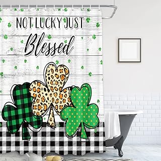 NYMB Happy St. Patrick's Day Shower Curtain, Buffalo Check Plaid Leopard Green Clover Shamrock Leaves Design, Rustic Farmhouse Gray Wooden Decor Cloth Fabric Bathroom Curtains with Hooks, 71X71in