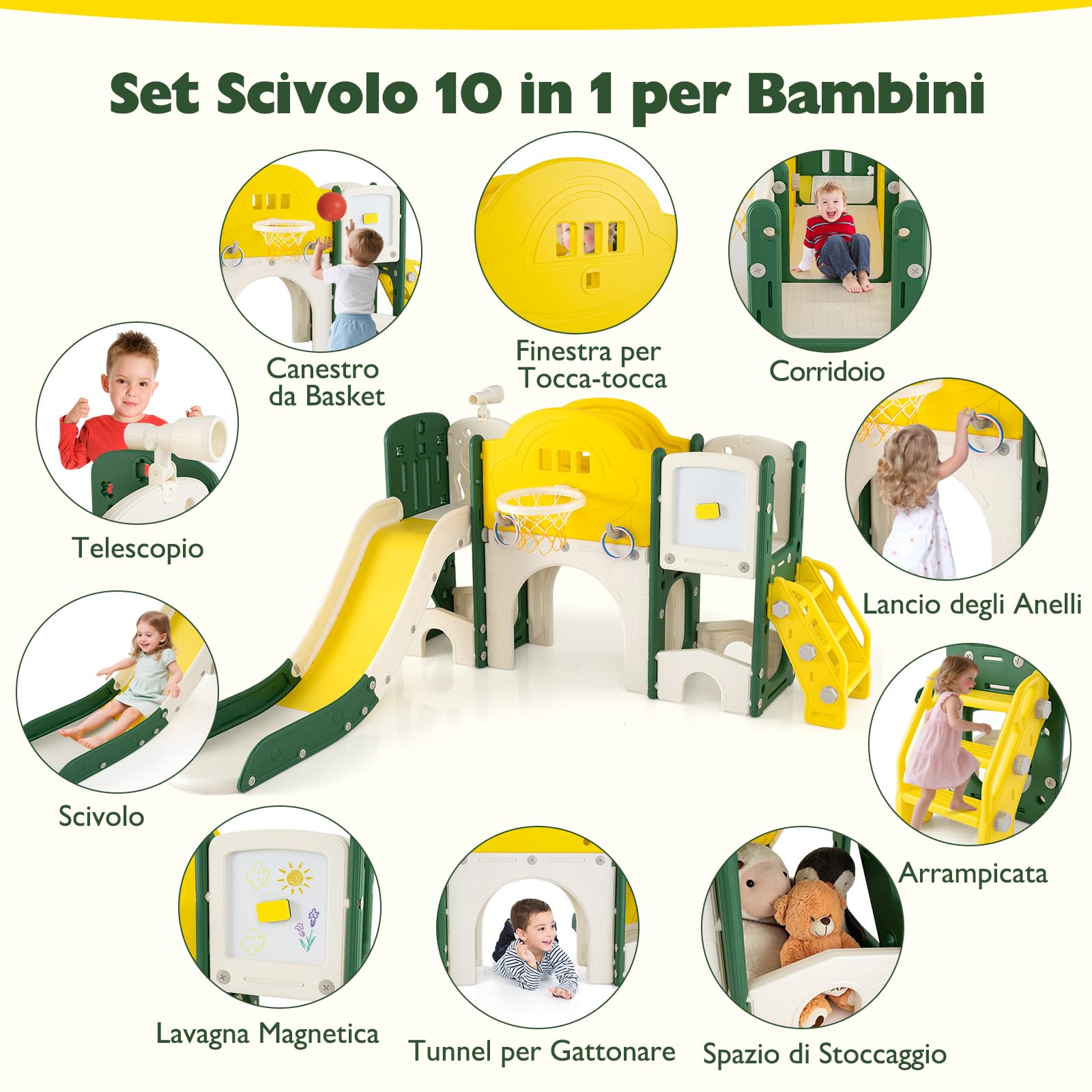 COSTWAY 10 in 1 Set Scivolo per Bambini, Scivolo e Arrampicata con Lavagna Magnetica, Telescopio, Lancio ad Anelli, Canestro da Basket, Tunnel, Parco Giochi per 18 Mesi+
