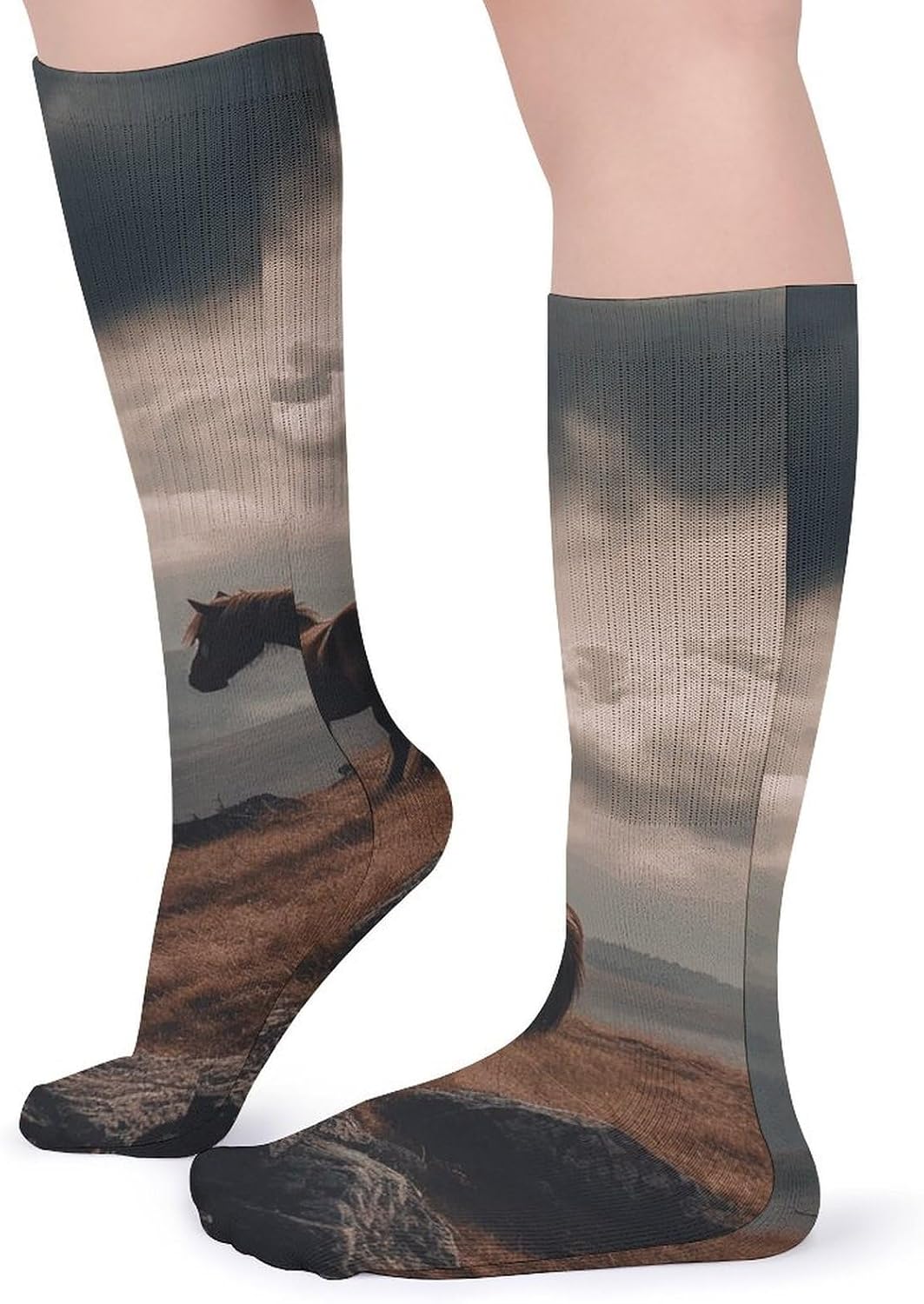 Breathable Crew Sock, Moisture Wicking, Athletic Calf Socks, Cozy | Horse Grazing on Mountain Compression Socks for Women Men, Lightweight High Work Socks for Business, Casual