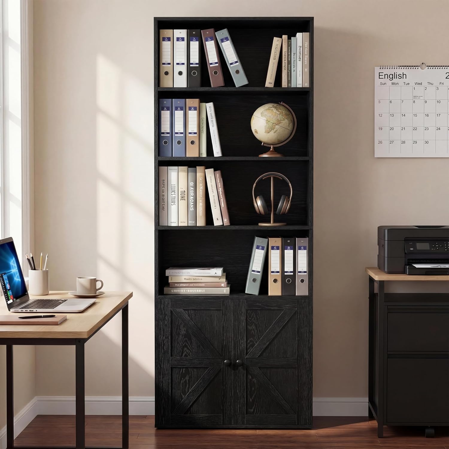 YESHOMY Farmhouse Bookshelf and Bookcase with Doors, Industrial Bookshelves and Bookcases Floor Standing Display 6-Tier Shelf Storage Shelves 71.5 inchs for Home Office, Living Room, Black, 1 PCS