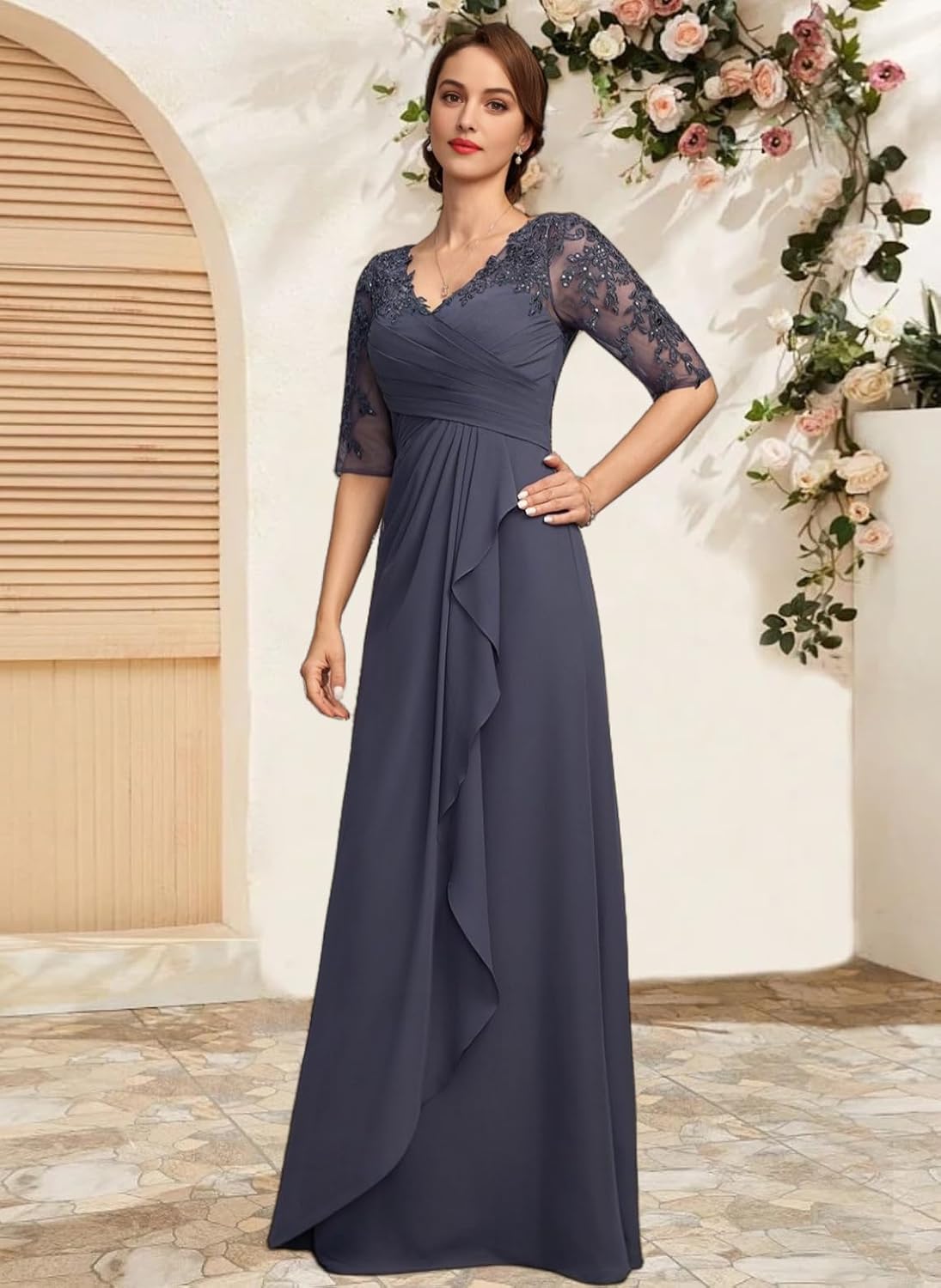 Lace Chiffon Mother of The Bride Dresses for Women Long Beaded V Neck A Line Formal Evening Ball Dress with Sleeves - Image 7