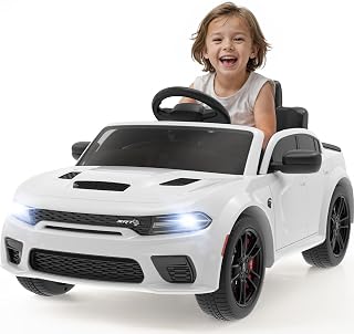 12V Ride on Car Licensed Dodge Charger Electric Car for Kids with Remote Control, 3 Speed Kids Electric Vehicles with Suspension System, LED Light, MP3 & Bluetooth, White