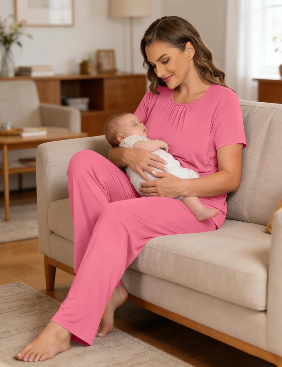 SWOMOG Women 3Pcs Maternity Pajama Set Nursing Pjs Pregnancy Set Breastfeeding Pjs Double Layer with Pockets - Image 3