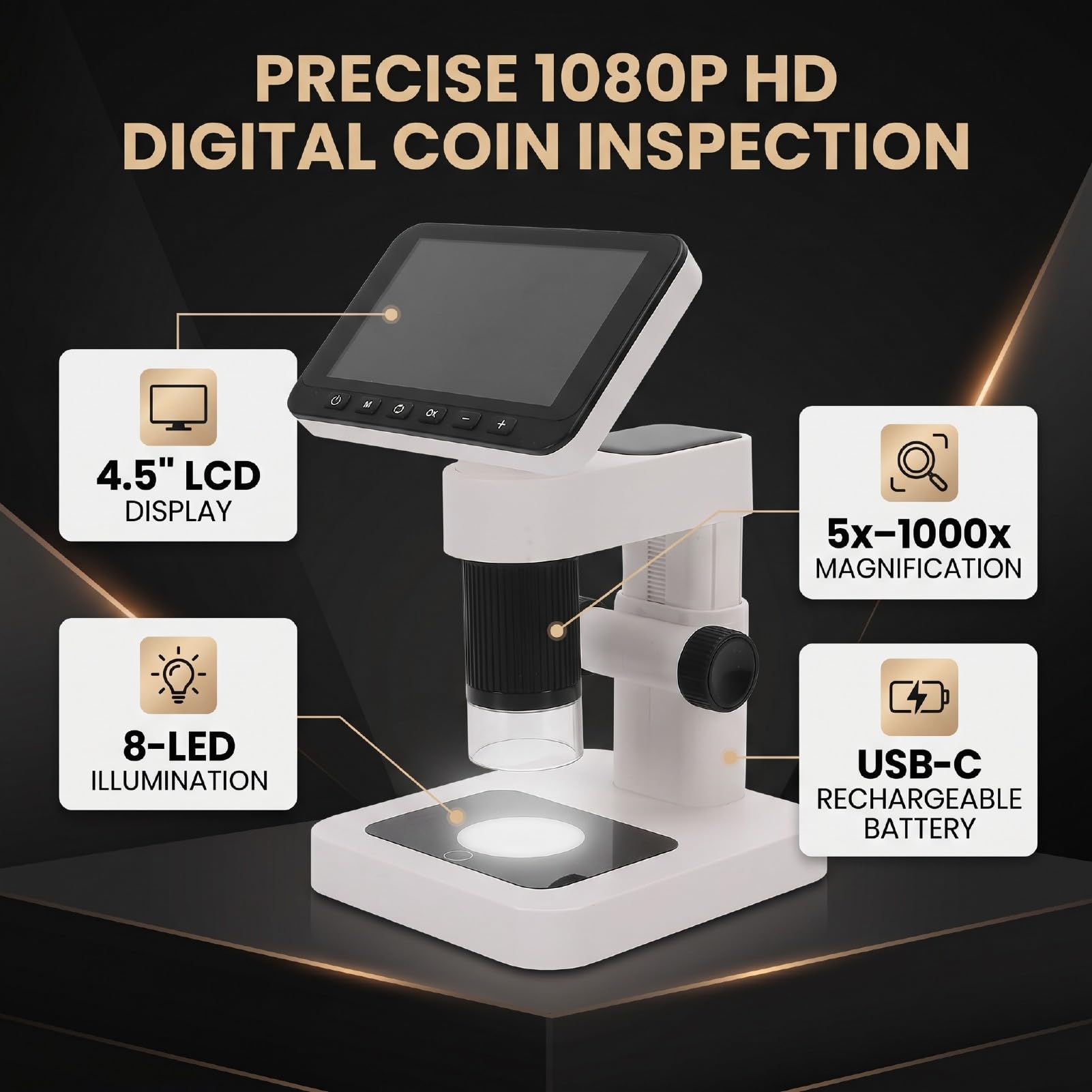Digitalmikroskop, 4,5-Zoll-1080P-LCD, 5- Bis 1000-fache Vergrößerung, 8 LEDs, 7 Helligkeiten, 128 GB Erweiterbarer 8-Stunden-akkus, Digitalmikroskop für Sammlungsbeobachtungen