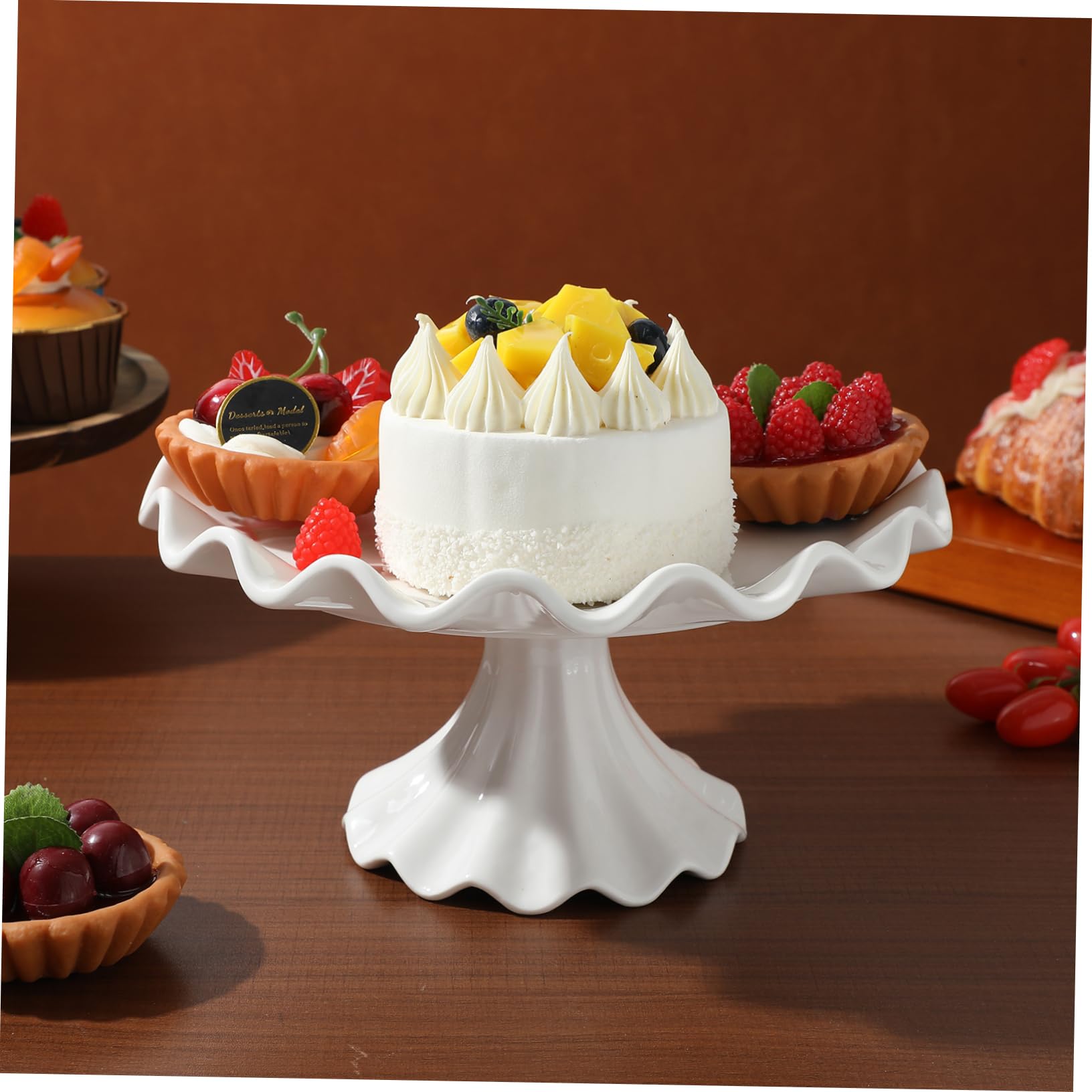 Soporte para Tartas de Cerámica white Base Estable y Borde Ondulado, Pedestal Decorativo Adecuado para Exhibir Postres en Bodas y Celebraciones