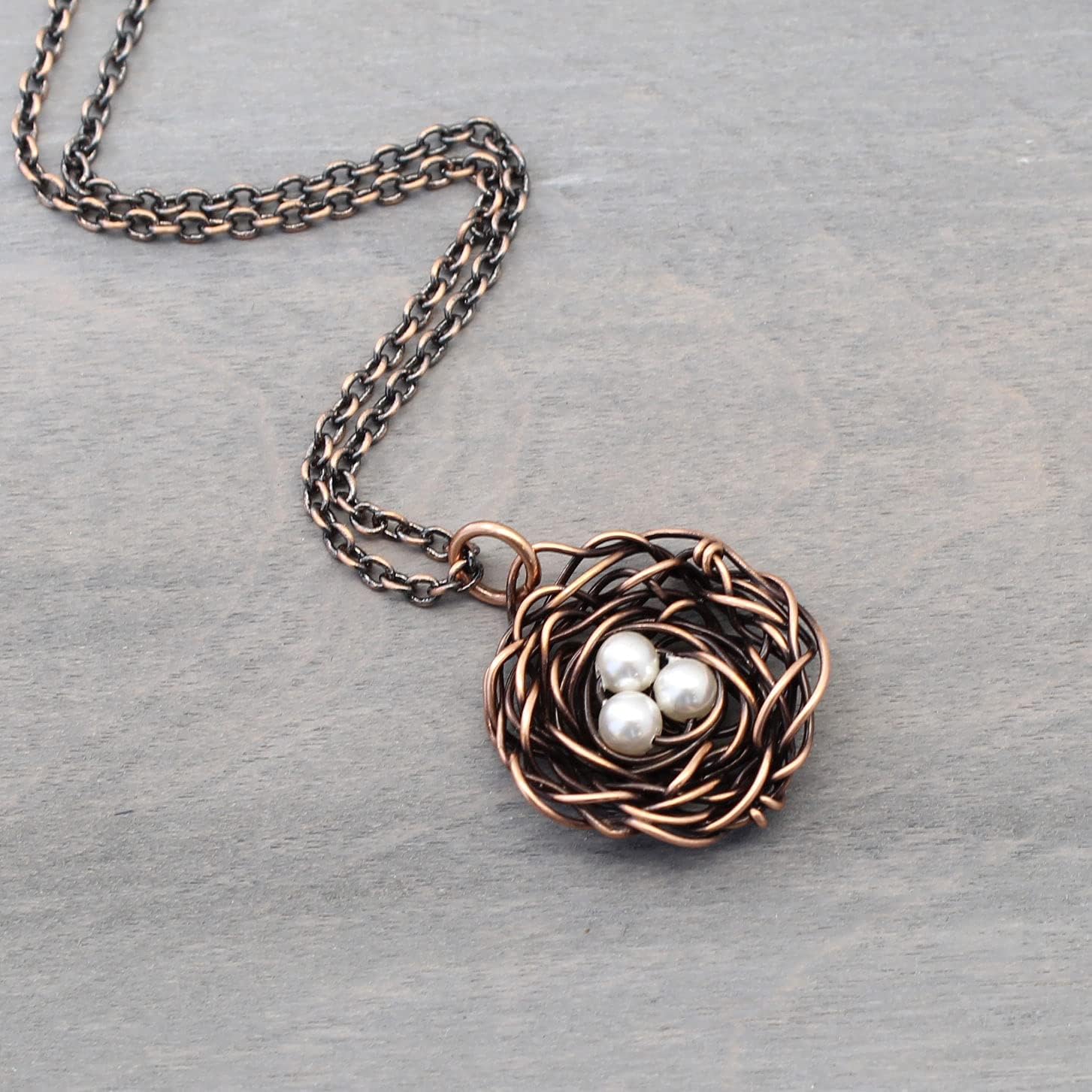 Pillar of Salt Studio Handcrafted Copper Bird Nest Pendant with Simulated Pearl Eggs (18" Chain, White)