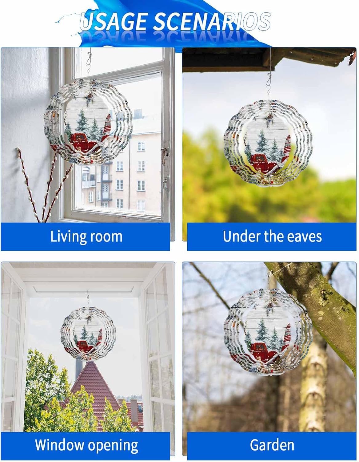 Christmas Truck Gnomes Wind Spinner 3D Stainless Steel, 12 in Round Double Sided Circle Hanging Wind Spinners, Xmas Tree Leaves Wooden Board Garden Art Wind Sculpture for Yard Porch Front Door