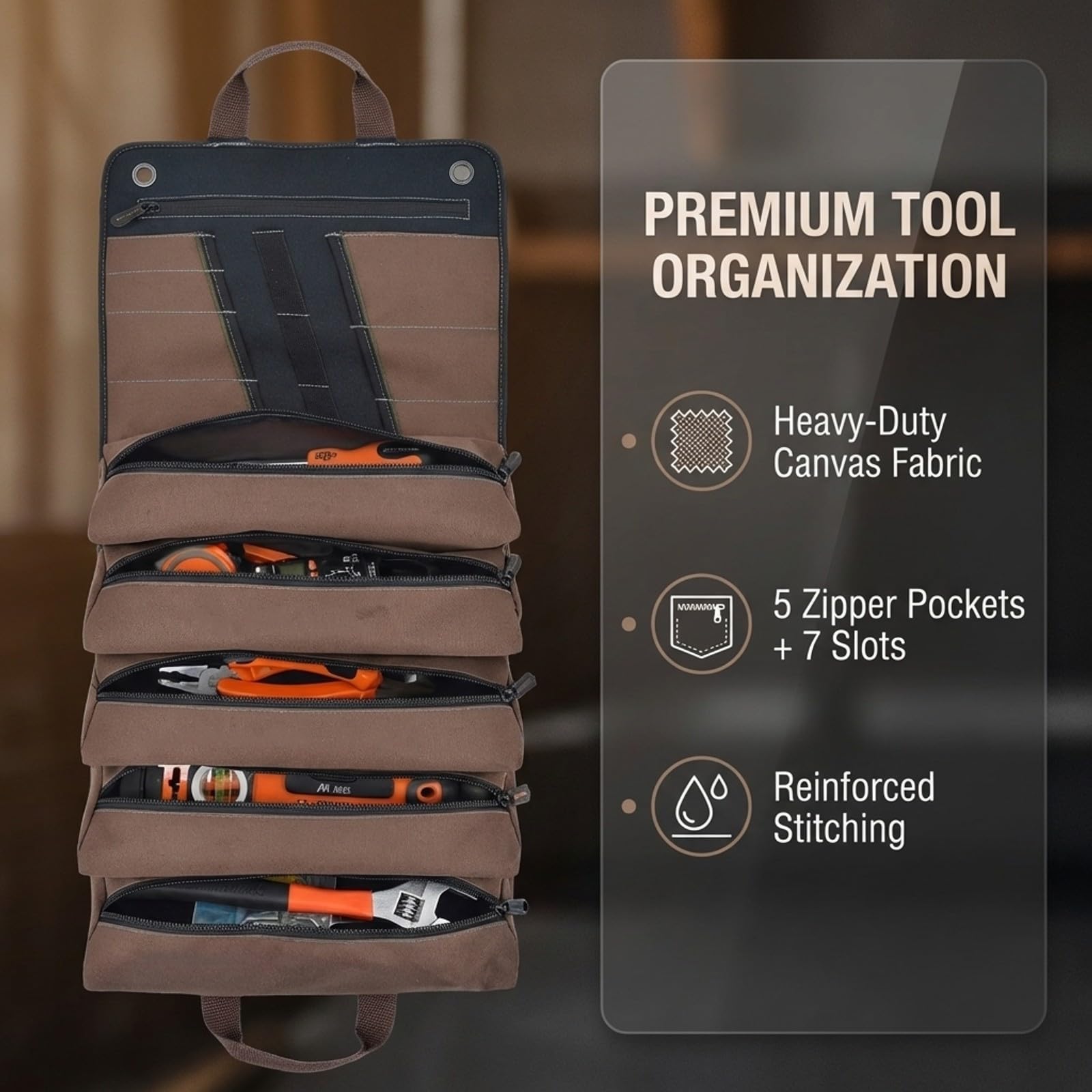 Sac à Outils Enroulableavec 13 Poches, 5 Fermetures Éclair + 7 Glissières, Grande Trousse à Outils pour Électricien, Plombier, Bricoleur, Imperméable et Antidéchirure