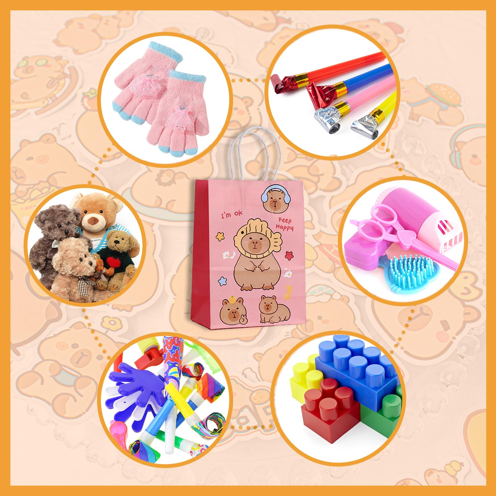 110PCS Regalo per Feste Capybara, Bambini Compleanno Party Regali, Capybara Party Favor Supplies, Include Sacchetti, Gomme Colorate, Slap Bracciali, Timbri Pratici