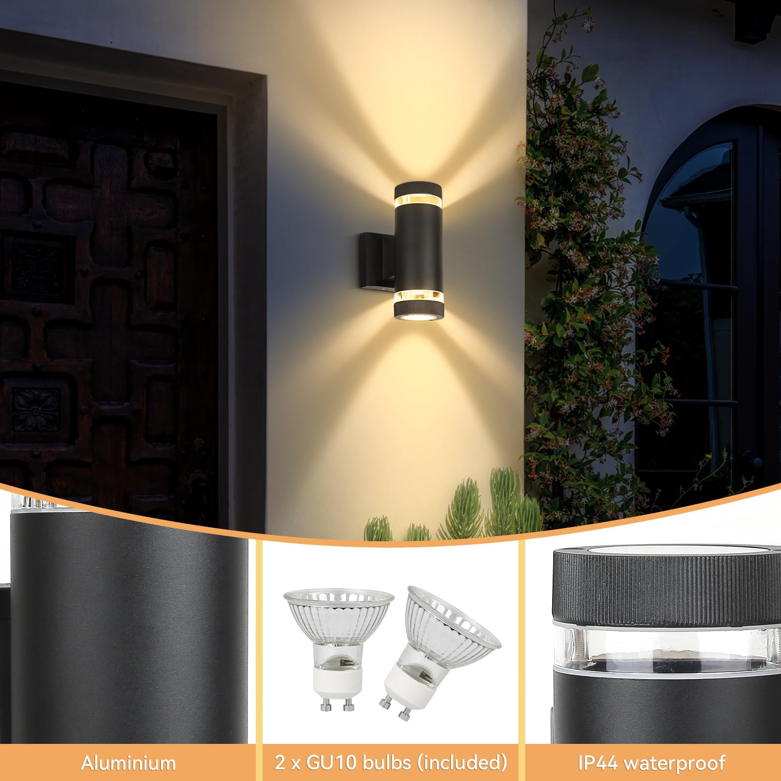CANMEIJA Outdoor Wall Lights Up Down Outside Lights Mains Powered IP65 Waterproof Round Black Outdoor Wall Lights 3000K GU 10 Suitable for Indoors Outdoors - Image 3