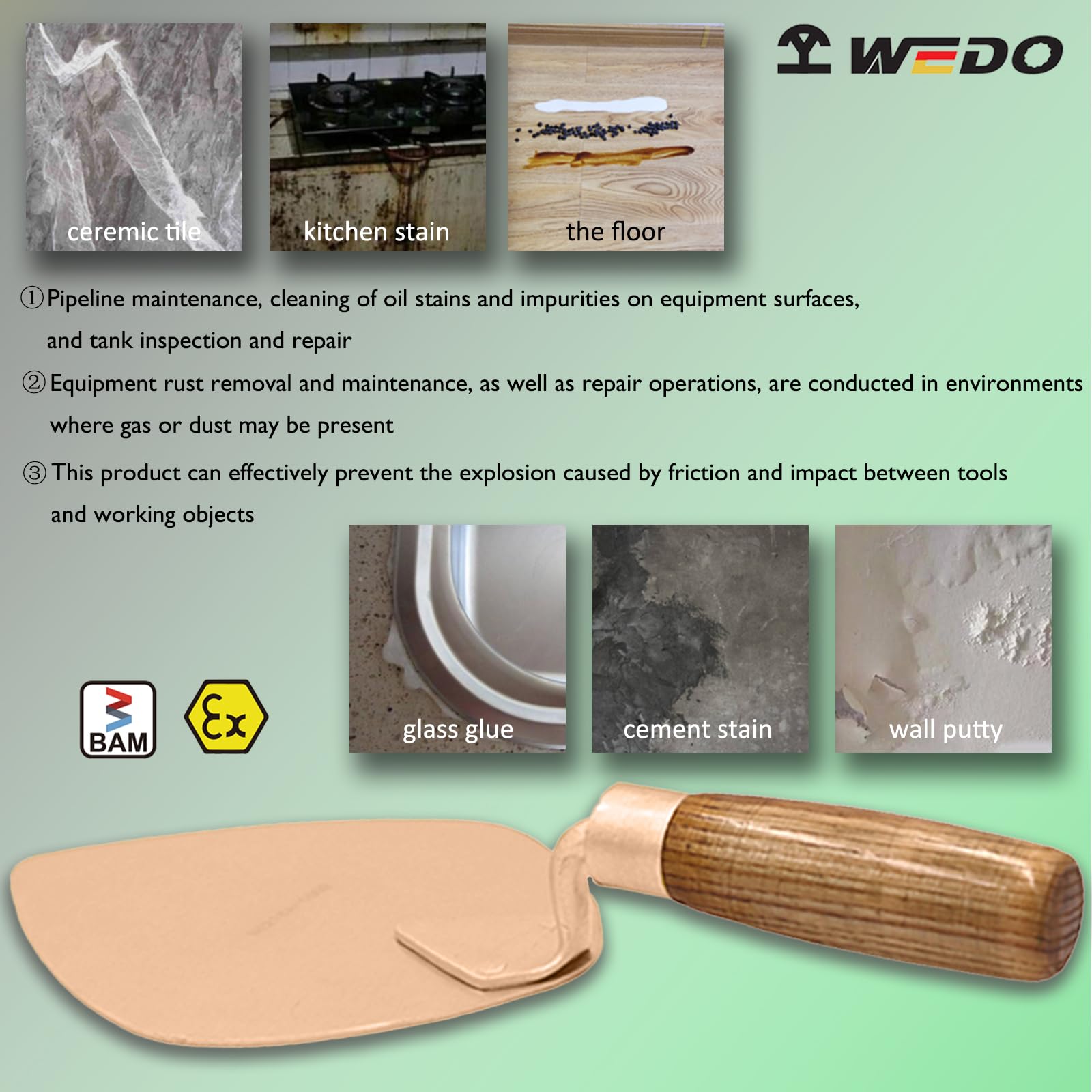 WEDO Albañil con hoja recta y mango de madera cómodo, herramienta de seguridad sin chispas, cobre berilio, no magnético, estándar DIN, certificado BAM y FM, 13 pulgadas de longitud, 335 mm