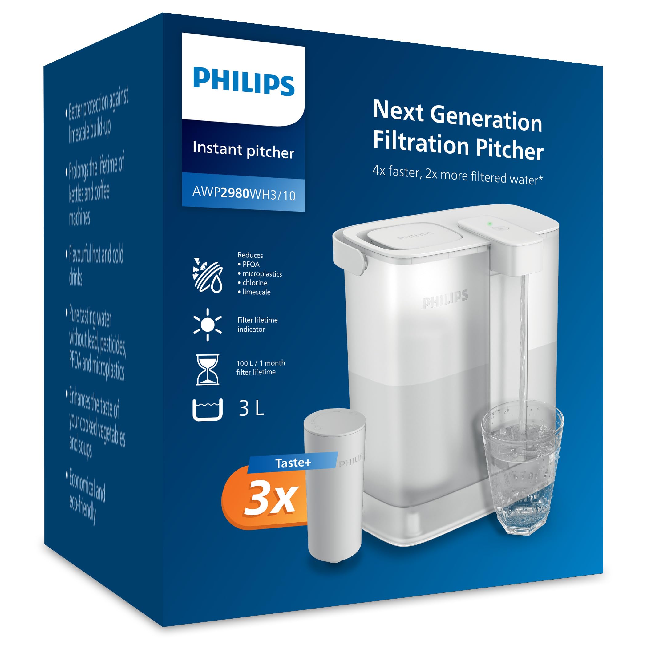 Philips Philips Instant Water Filter Pitcher (3L) – Clean & Great-Tasting Water in Seconds – – 3x Taste + Filter, reduces chlorine&lead,