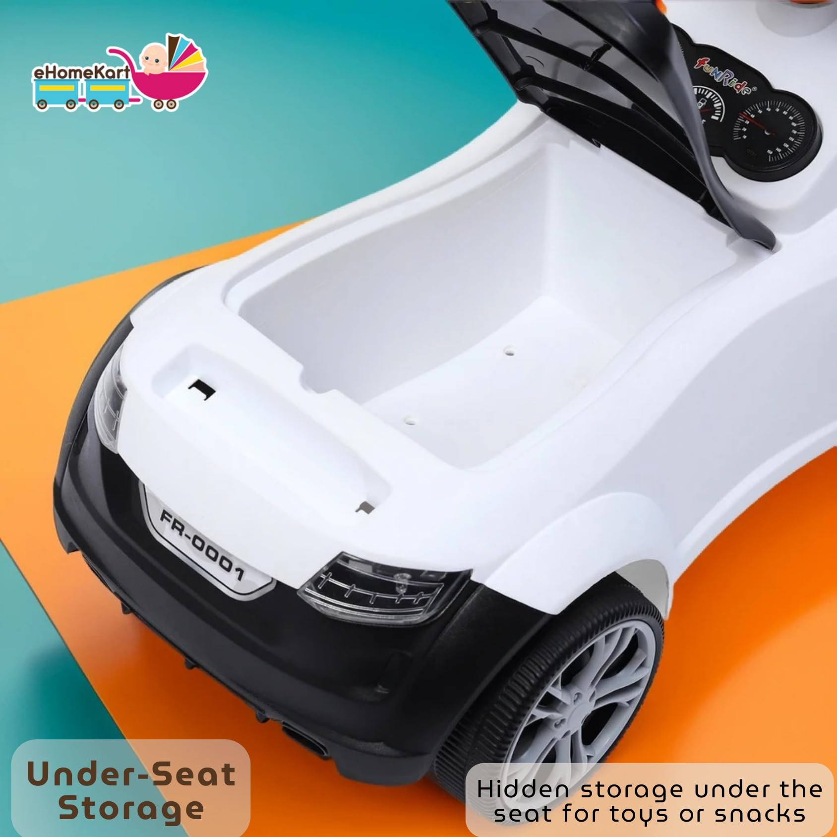 Fun Ride R8 Kids Push And Ride Racer, Ride On Push Car With Horn, Music, Light, Backrest And Under Seat Storage - 1 To 3 Years Universal Wheels, Kids Toy Car - (Weight - Upto 20 Kg),White 4