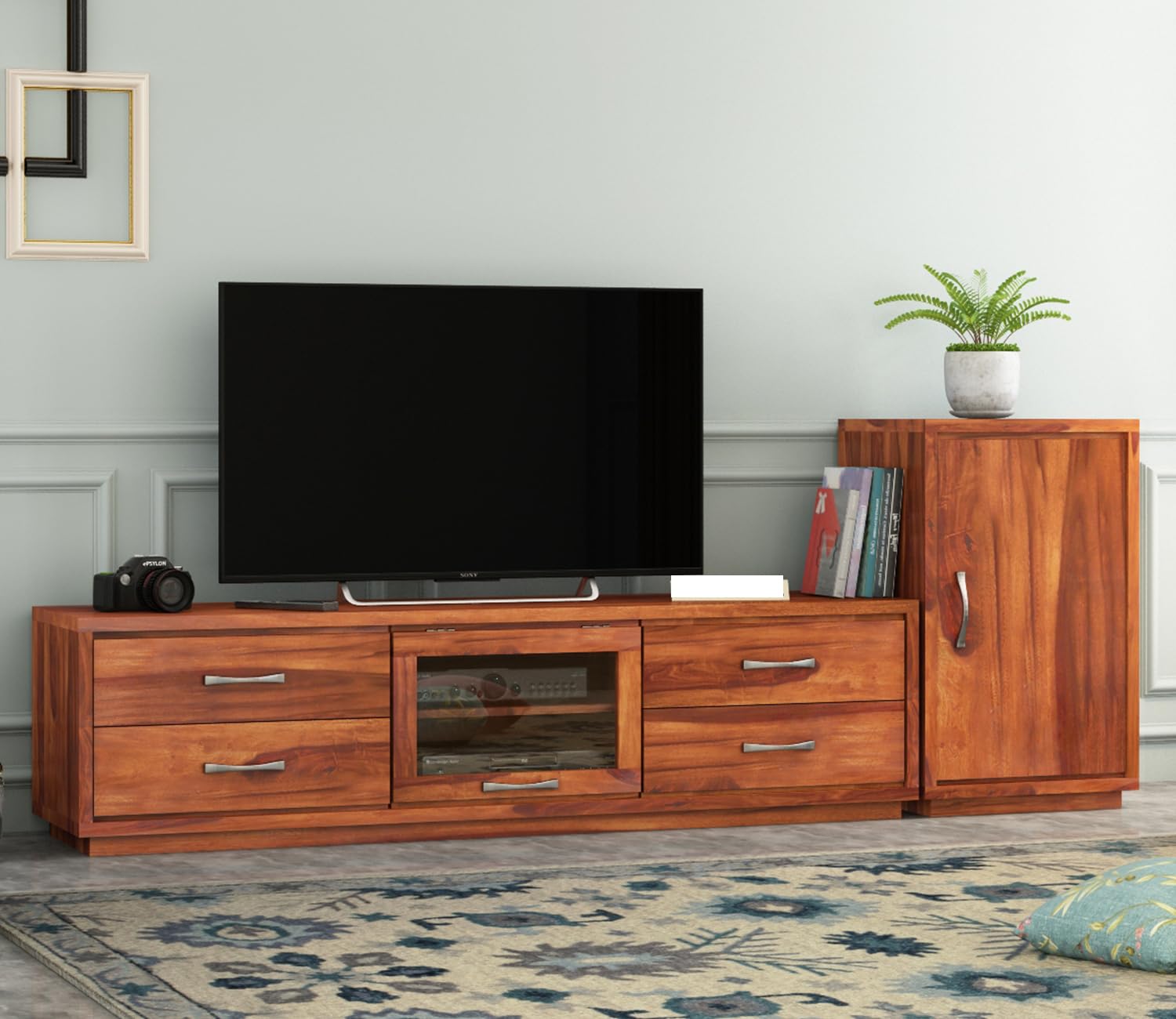 Solid Sheesham Wood TV Unit for Bedroom - 4 Drawers, 2 Shelves, and 1-Door Storage TV Unit - Premium Wooden Tv Unit Fits up to 70-Inch TV (Design 14)-image-18