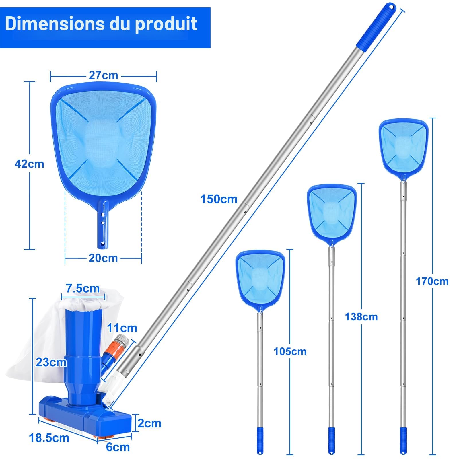 Aspirateur Piscine avec Épuisette de Surface Piscine, 2024 Kit d'entretien De Piscine Aspirateur Portable avec Tige de 150cm pour Étang, Fontaine