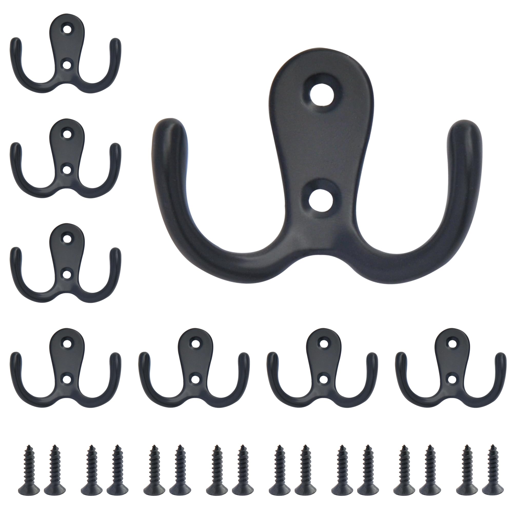 SZWLJ 8PCS Dual Coat Hooks, Black Metal Double Prong Coat Hooks Wall Mounted with Screws, Door Hooks can be Used for Hanging Clothes, Towels, Suitable for Bedroom, Bathroom