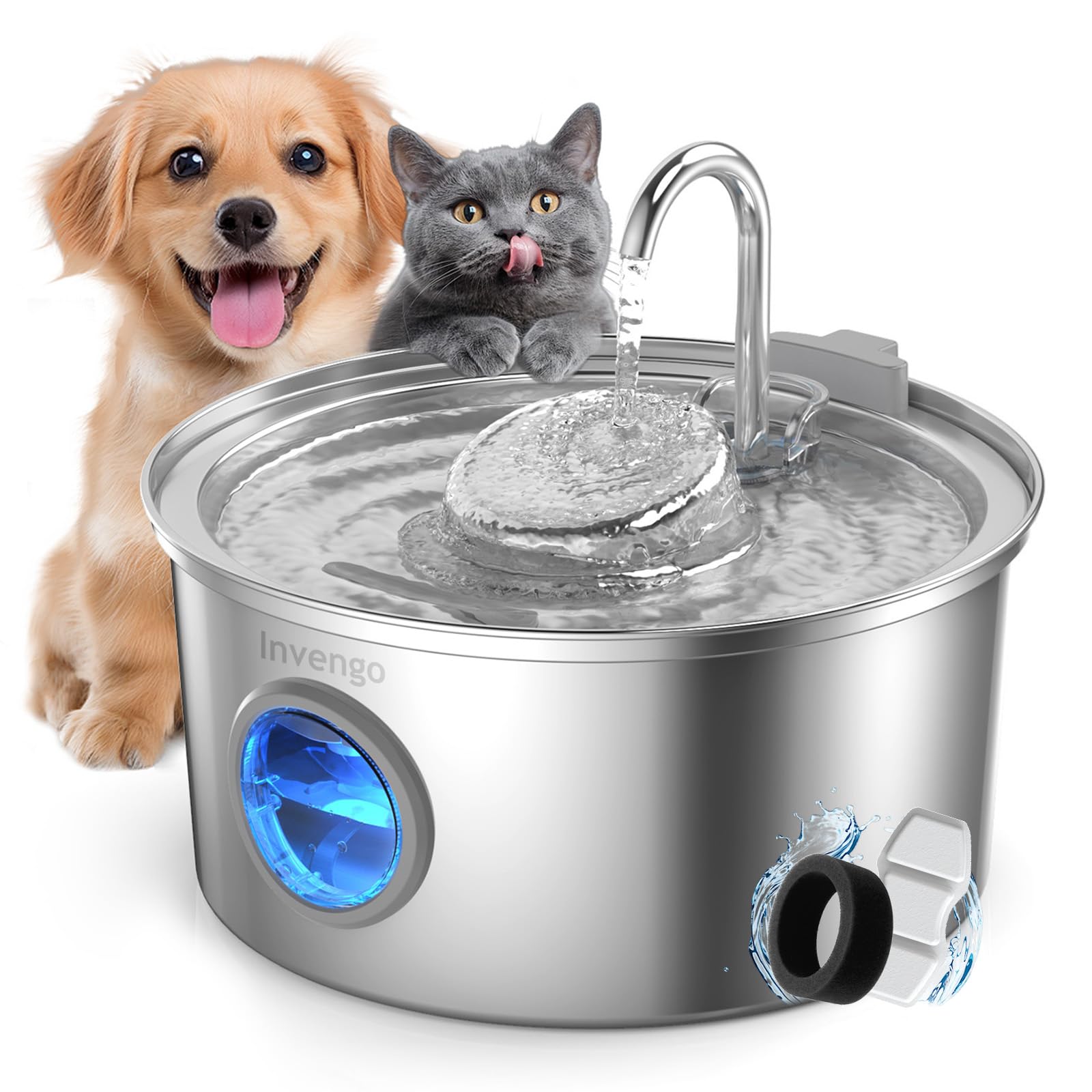 Cat Water Fountain Stainless Steel, 108oz/3.2L Pet Fountain with Large Water Level Window, Ultra Quiet Automatic Cat Water Dispenser for Cats and Dogs, 2 Flow Modes, Splash-Proof Design