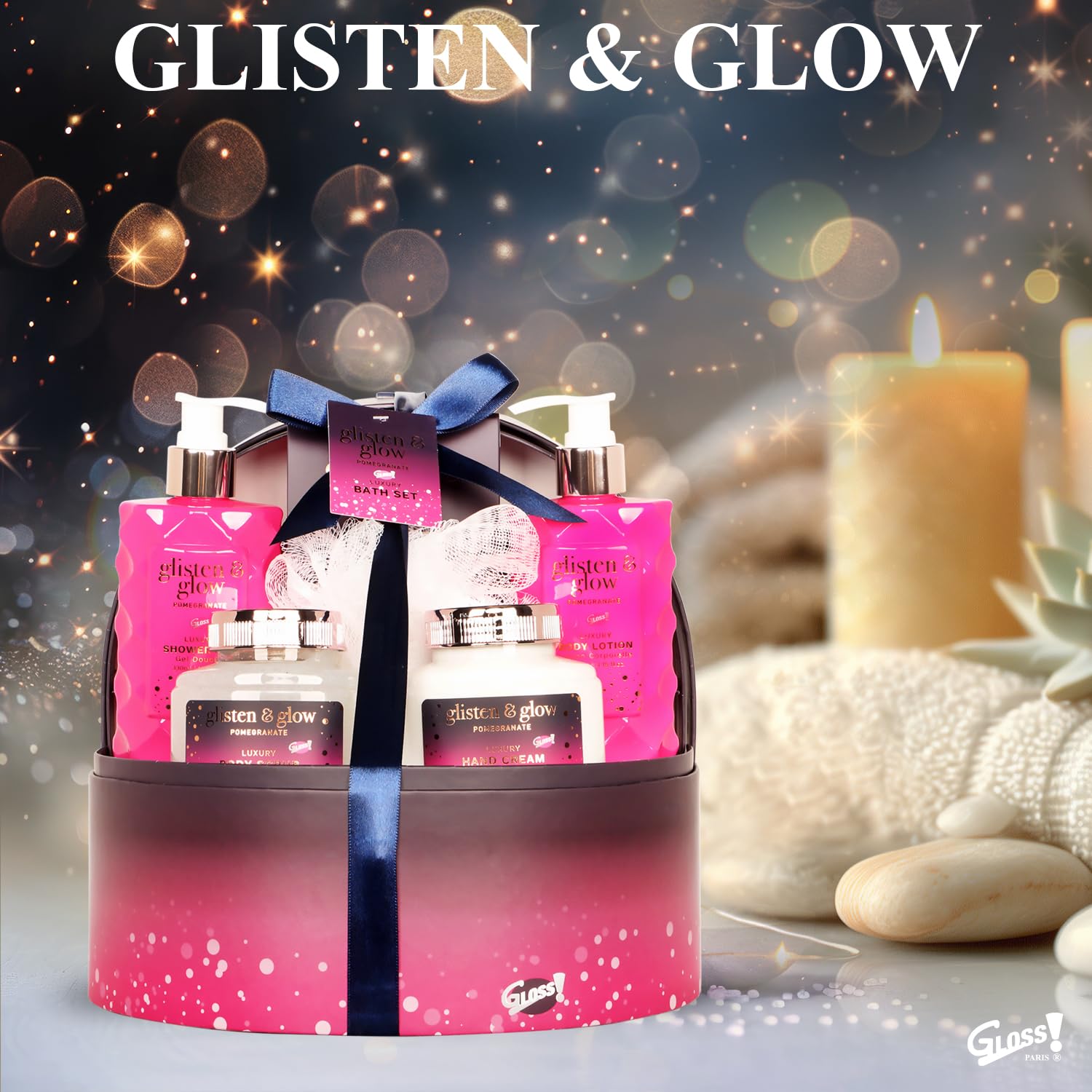 GLOSS! | Pudełko na prezent dla kobiet | Produkty do kąpieli | Perfumy granatowe| Kosz na kosmetyki, pielęgnacja i dobre samopoczucie | Oryginalny pomysł na prezent dla kobiet, na urodziny, Dzień