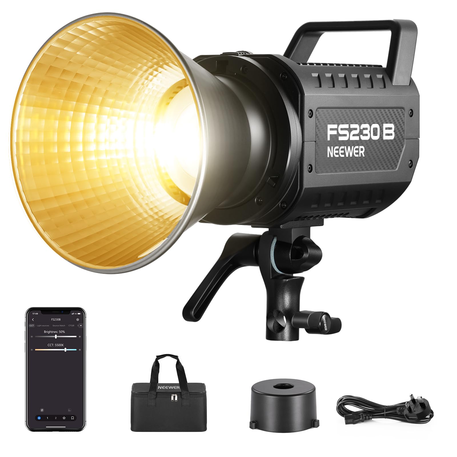 FS230B LED Video Light 2.4G/APP Control, 230W Bi Color COB Silent Photography Continuous Output Lighting with 4 PWM Dimming Types, 110000lux/m, 2700K-6500K, CRI 97+, 12 Scenes, Bowens Mount