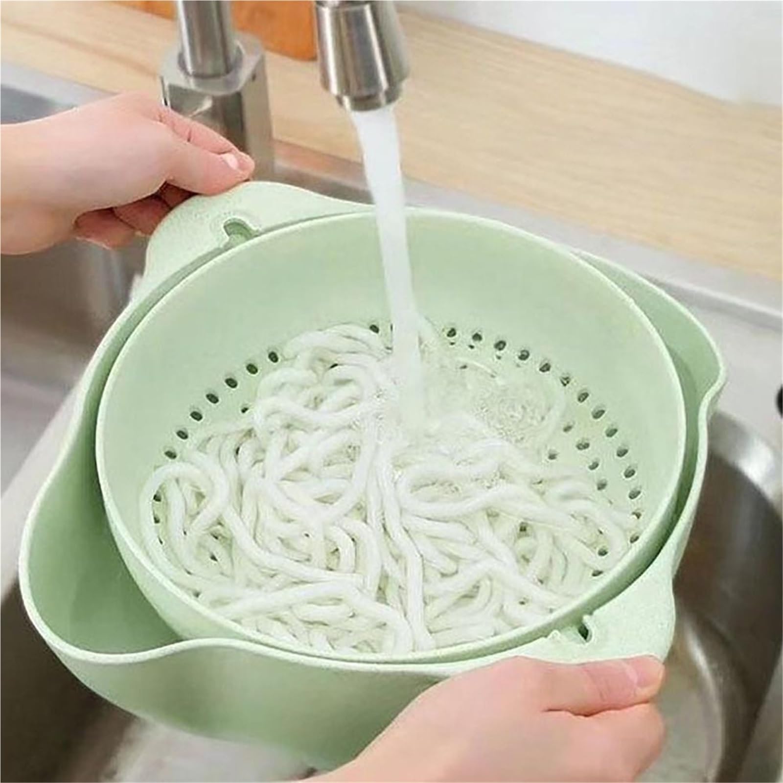 Escurridor de verduras doble capa con asa, utensilios cocina, cuenco for lavar arroz, fregadero, escurridor giratorio, 2 uds para Escurrir(Blue)