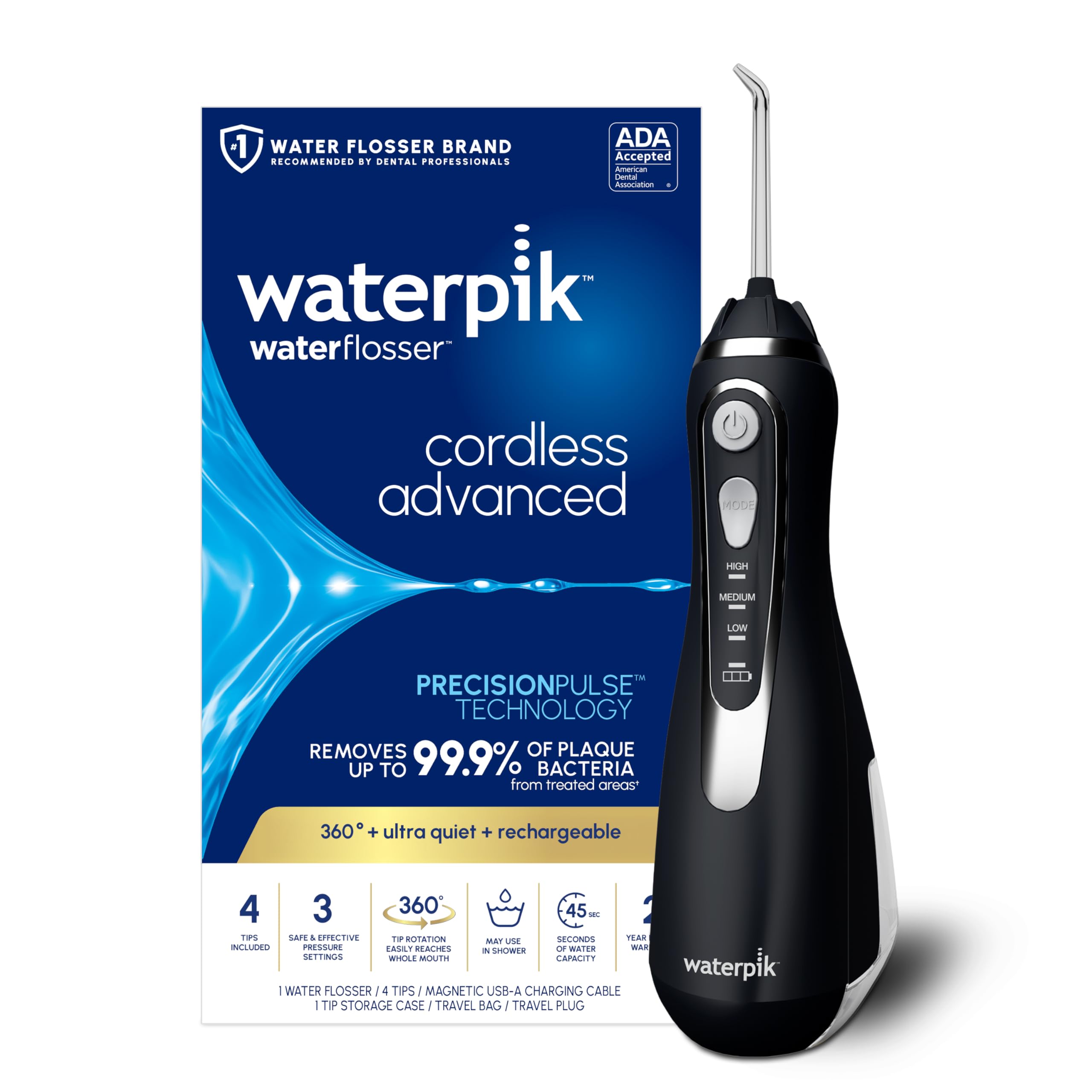 Photo 1 of Waterpik Cordless Advanced 2.0 Water Flosser For Teeth, Gums, Braces, Dental Care With Travel Bag and 4 Tips, ADA Accepted, Rechargeable, Portable, and Waterproof, Black WP-582, Packaging May Vary